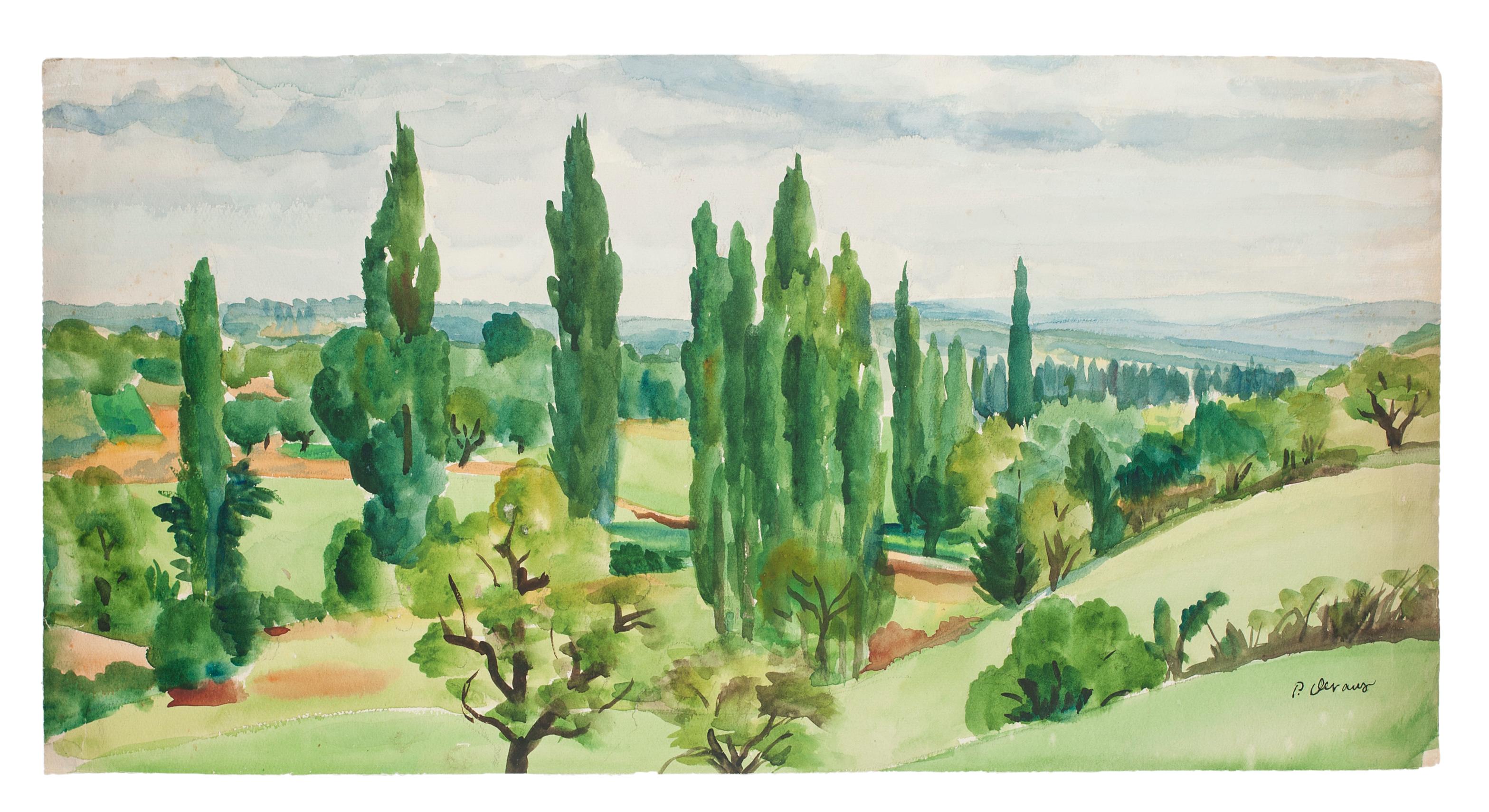 Pierre Deuax Figurative Art - French Landscape - Original Watercolor by P. Deuax - Mid 20th Century