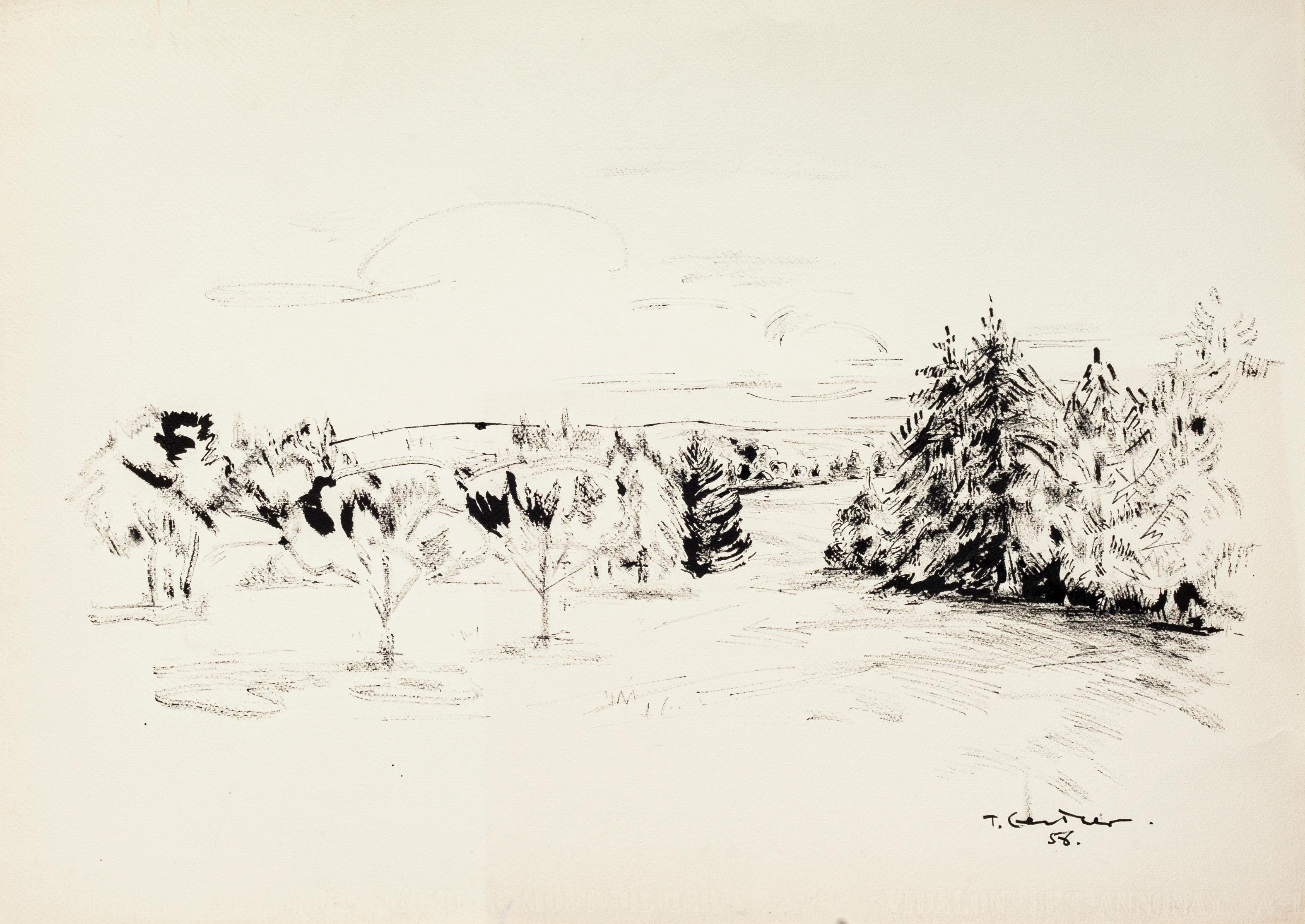 Figurative Art de Tibor Gertler - Paisaje - Técnica mixta original de T. Gertler - Años 70