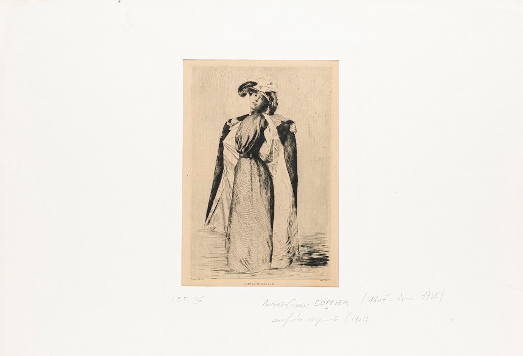La Dame au Manteau – Radierung von A.-C. Coppier – 1901 – Print von André-Charles Coppier