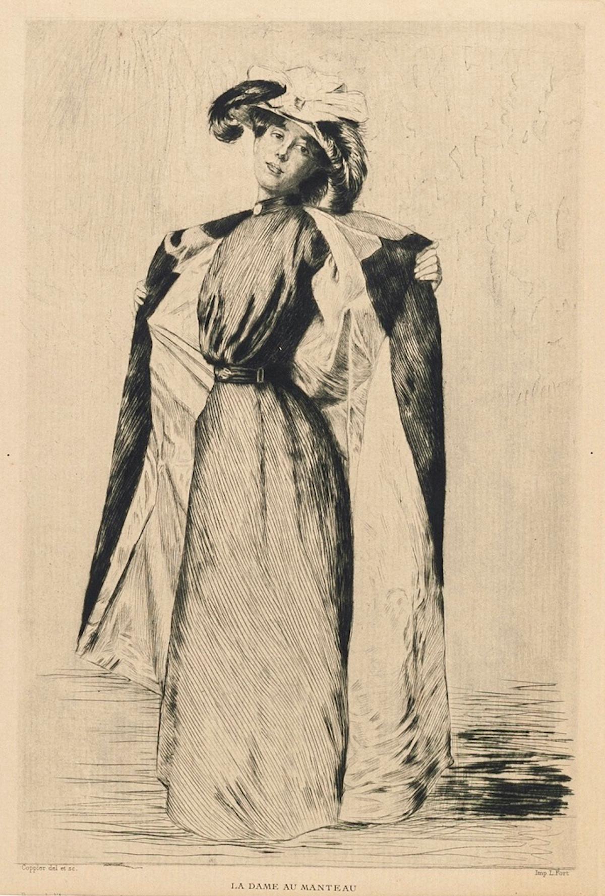 André-Charles Coppier Figurative Print – La Dame au Manteau – Radierung von A.-C. Coppier – 1901