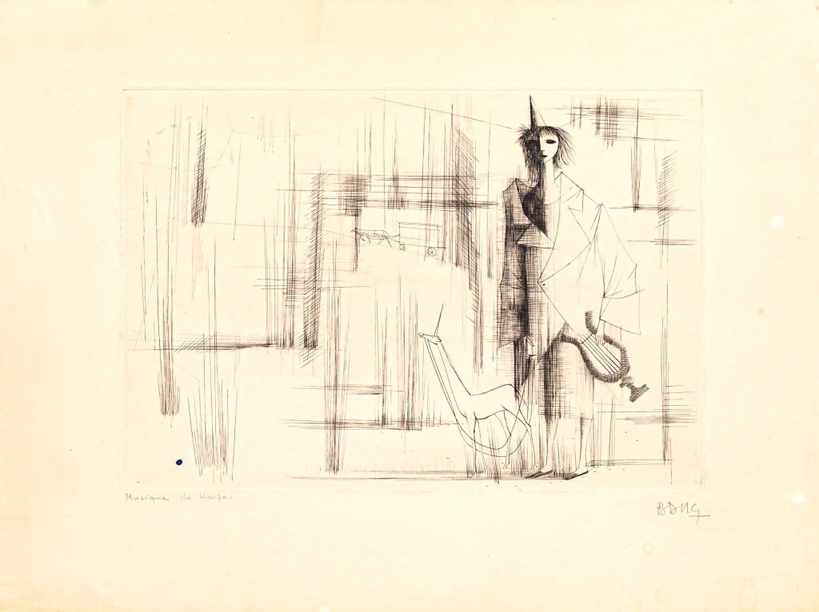 Cristian Bang Figurative Print - Musique de Harpe - Etching by C. Bang - Early 20th Century
