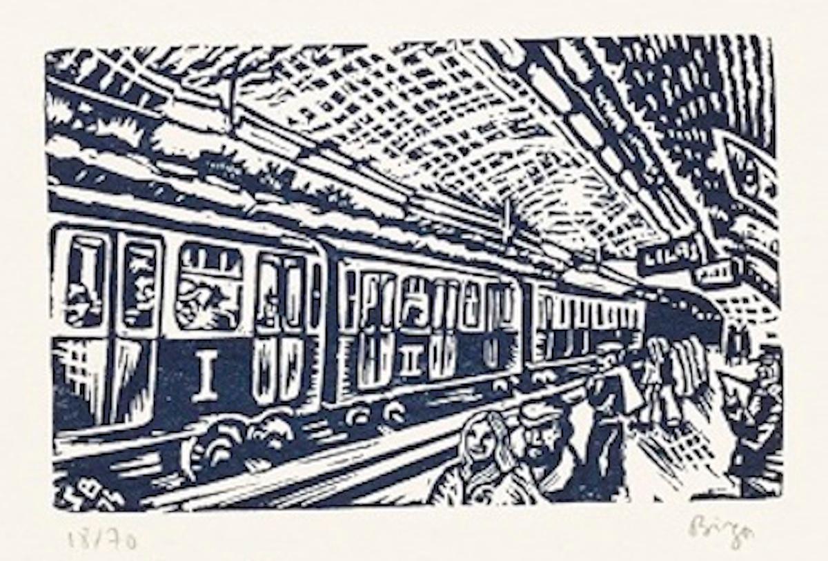 Sergio Birga Figurative Print - The Metro Station in Paris - Original Woodcut by S. Birga - 1994