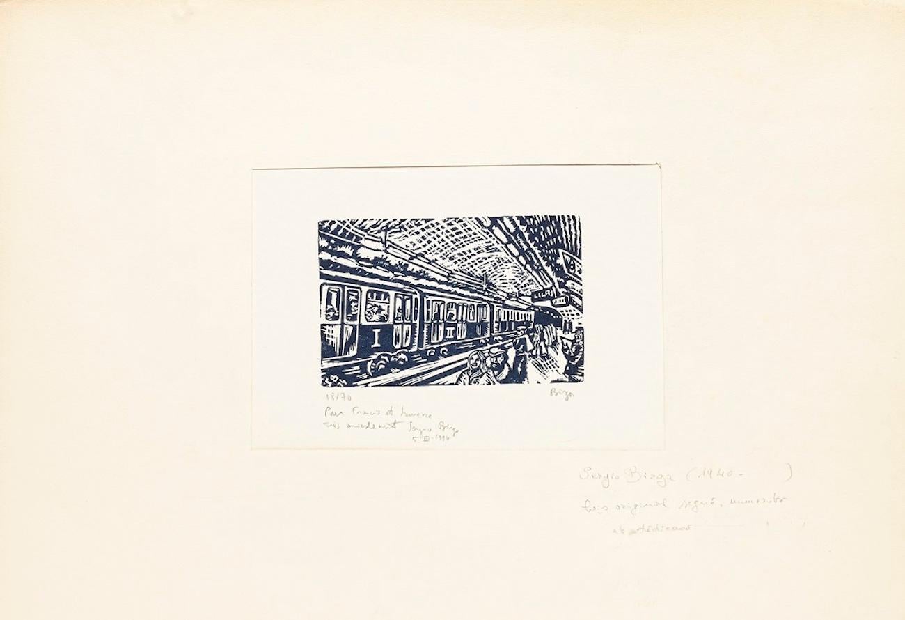 La gare de Paris - gravure sur bois originale de S. Birga - 1994 - Print de Sergio Birga