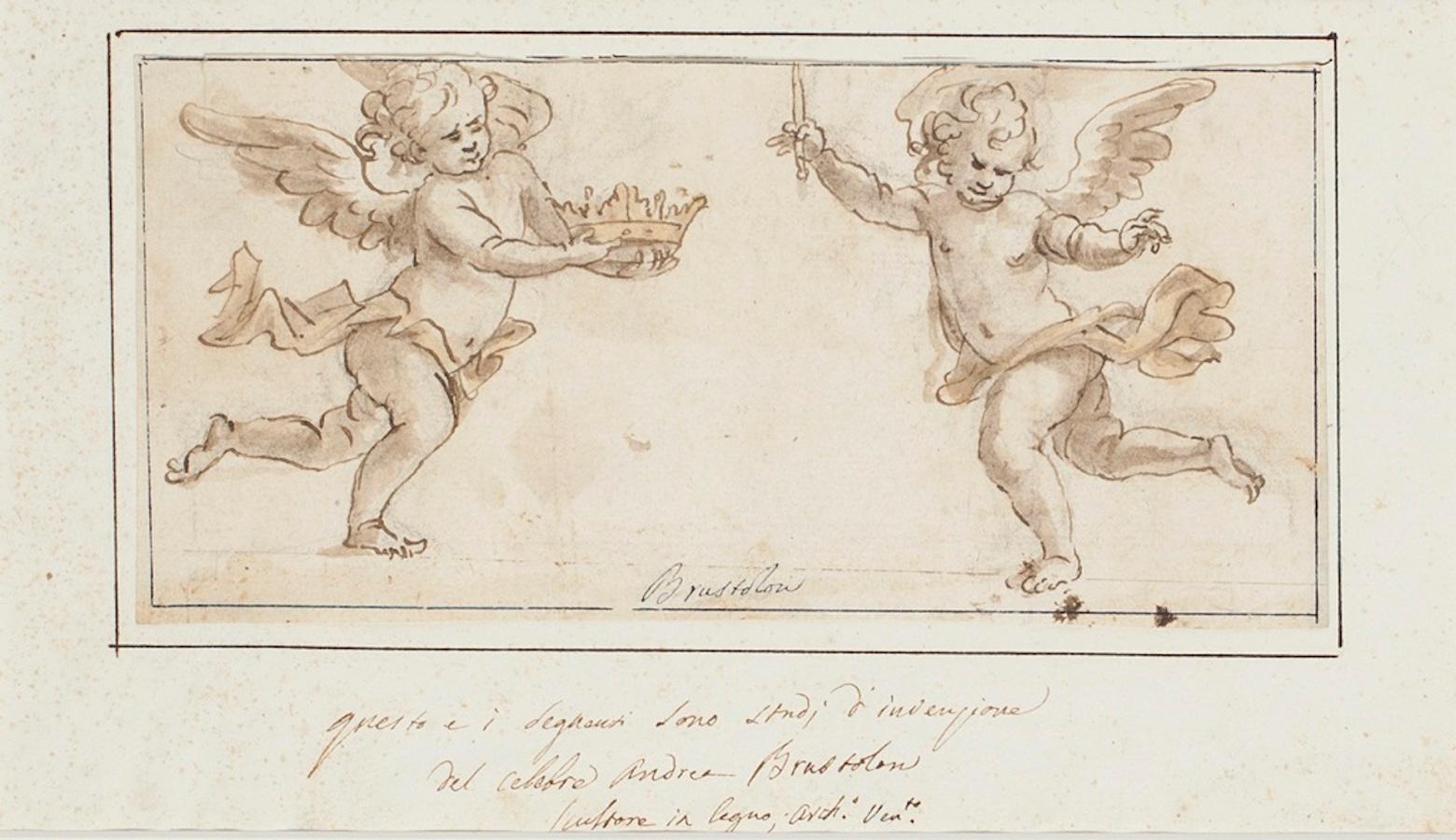 Two Angels - Ink and Watercolor Drawing by A. Brustolon - Early 1700