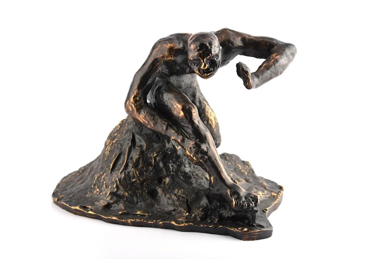 Giuseppe Migneco Figurative Sculpture - Man on the Rock - Original Bronze Sculpture by G. Migneco - Late 1900