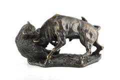 Vintage Wall Street Bull and Bear - Original Bronze Sculpture by D. Mazzone - 1988