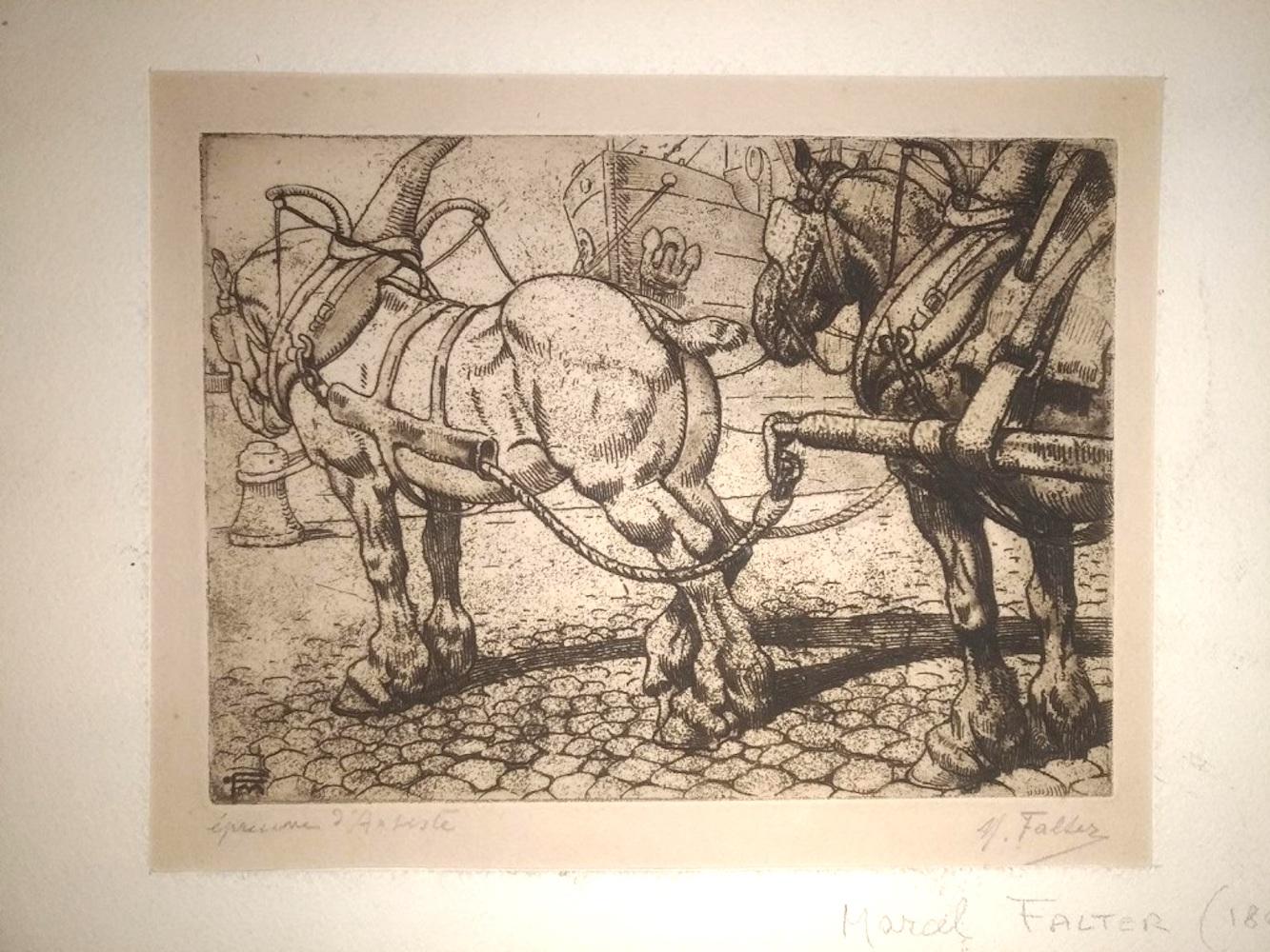 Marcel Falter Animal Print - The Plow - Original Etching by M. Falter - 1920 ca.