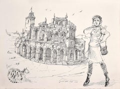 Vintage Traveller - China Ink Drawing by G. Fede - 1966