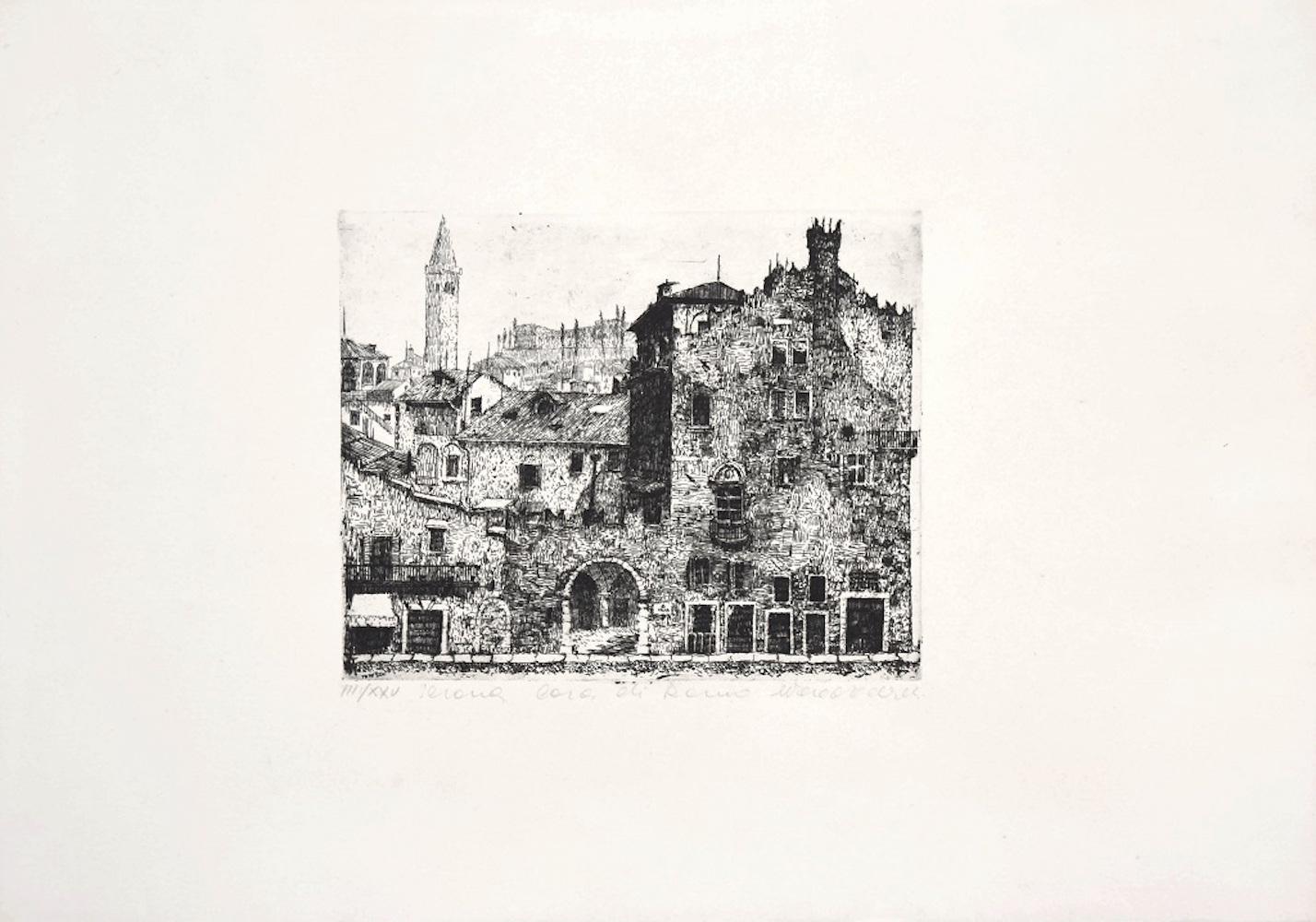 Remo Marcorelli Landscape Print - Verona - Black and White Etching - 1970s
