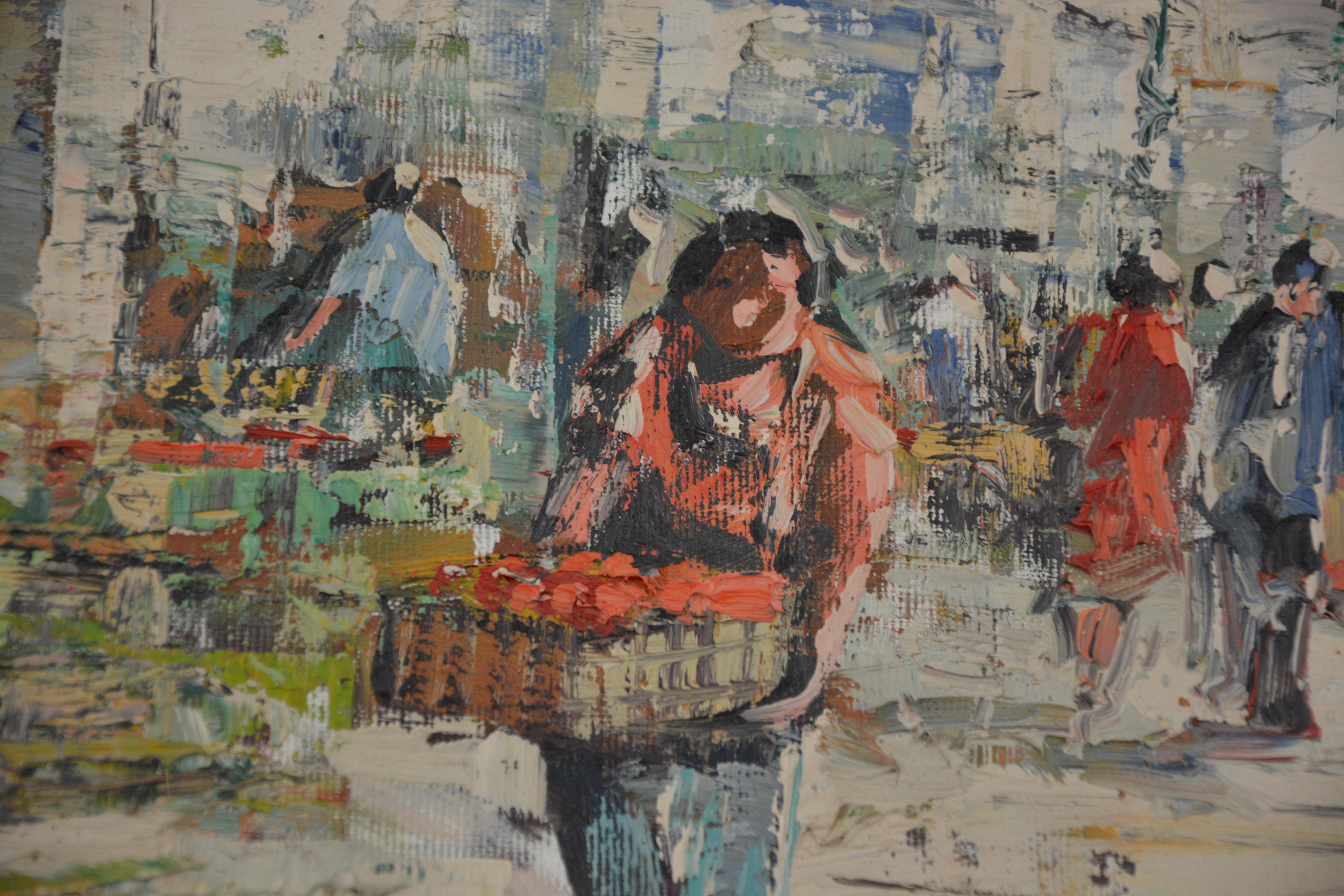 The Market – Öl auf Leinwand von L. De Mitri – 1980er Jahre (Beige), Landscape Painting, von Leonzio De Mitri