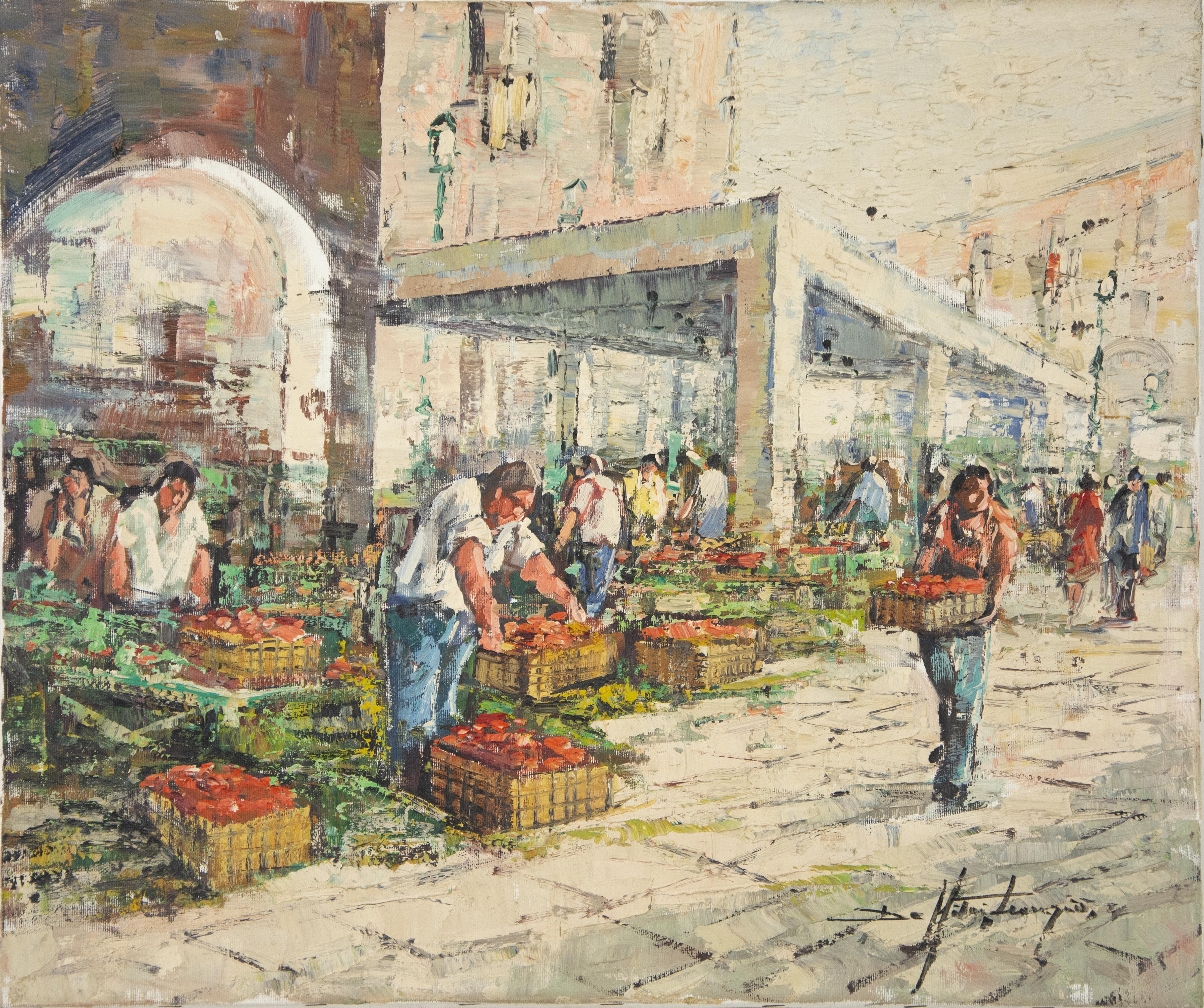 Leonzio De Mitri Landscape Painting – The Market – Öl auf Leinwand von L. De Mitri – 1980er Jahre