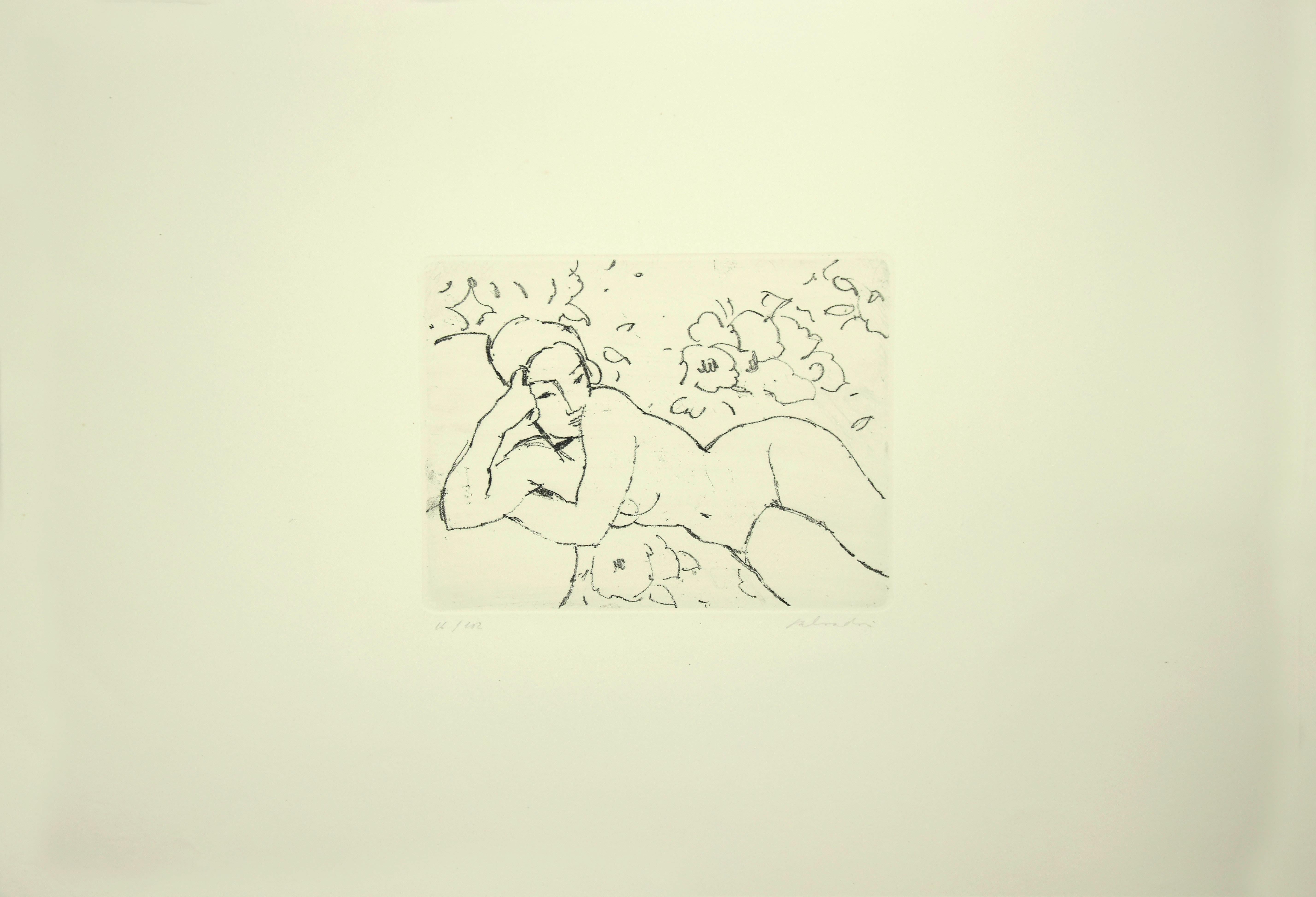 Lying Nude is an original black and white etching realized by Aldo Salvadori in 1964.

Hand signed on the right margin. Numbered on the lower left.

Edition of 102 copies (16/102), etching on copper.

This is one artwork collected in the portfolio