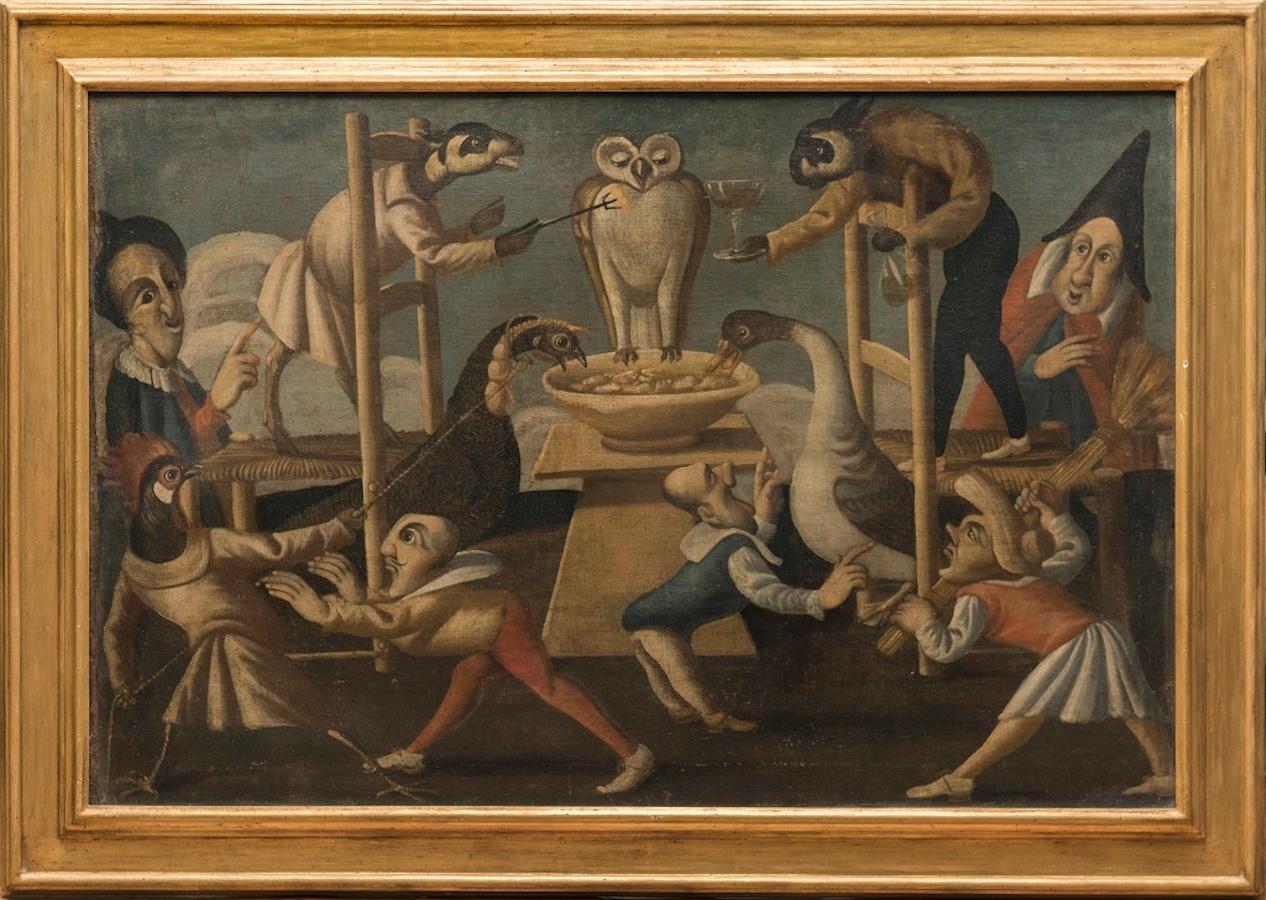 The Inappetent Owl - Grotesque Scene with Owl and Swan - Late 17th Century - Painting by Master of the Fertility of the Egg