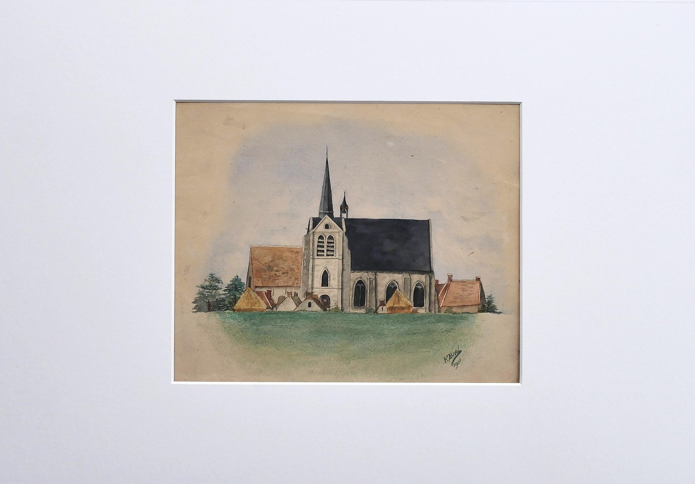 Church - Mixed Media Drawing by F. Bivel -1901 - Art by Fernand Bivel
