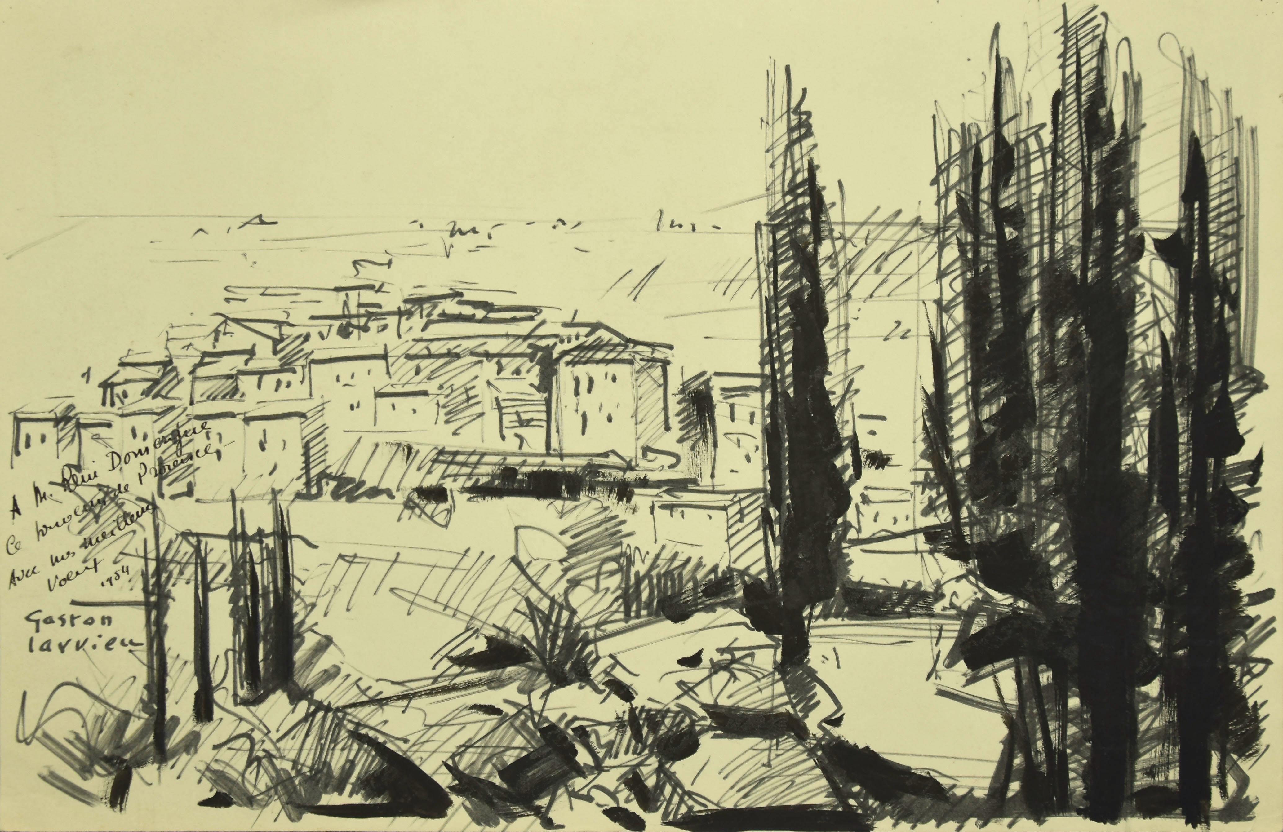 Landscape - Black Marking Pen Drawing by G. Laurieu - 1954