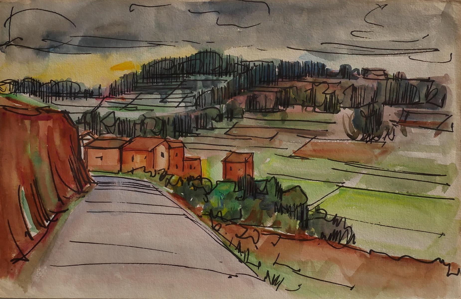 Landscape - Ink and Watercolor Drawing by E. Pavarino - 1969