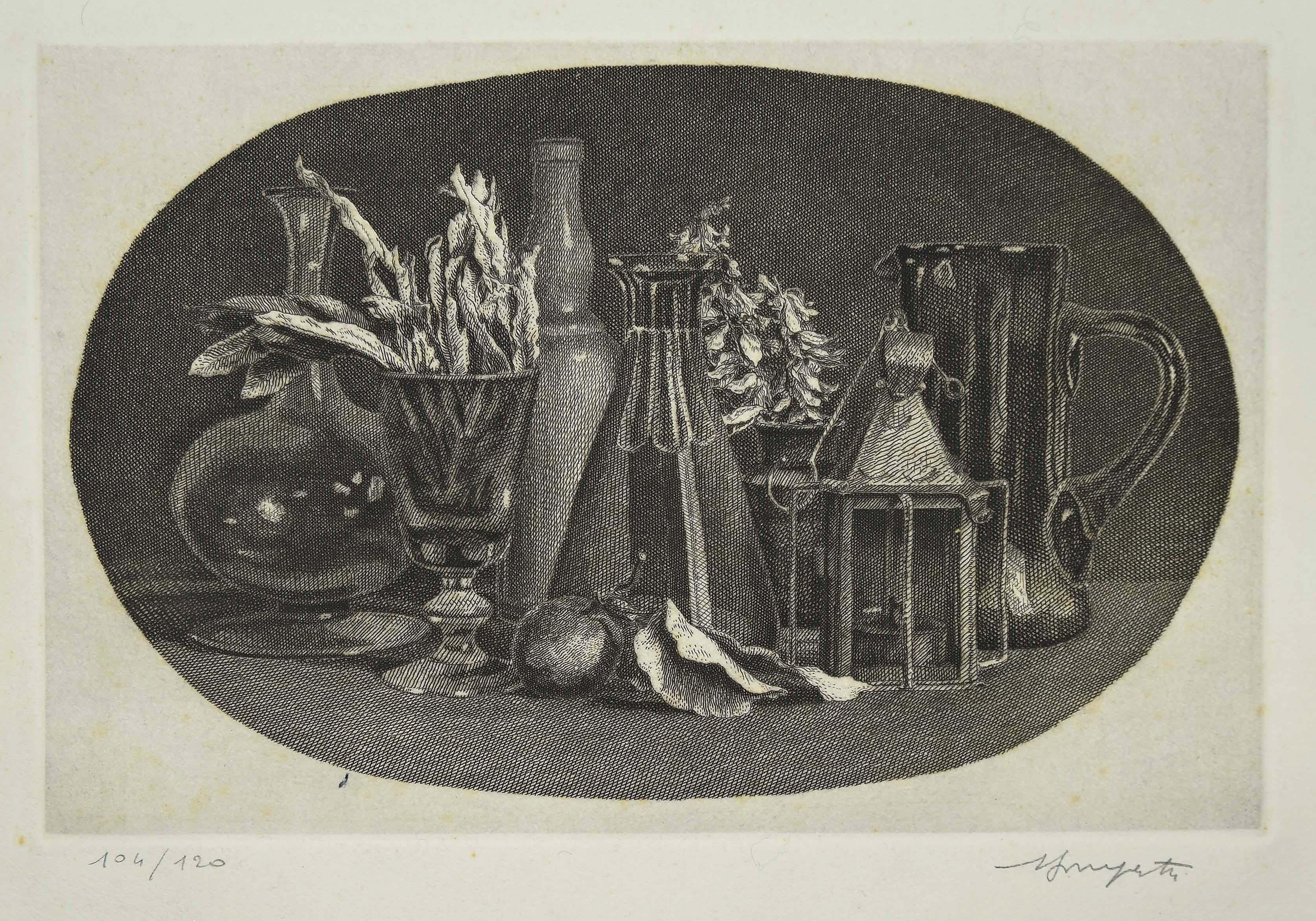 Figurative Print de Vairo Mongatti - Naturaleza muerta -  Aguafuerte de V. Mongatti - Años 80