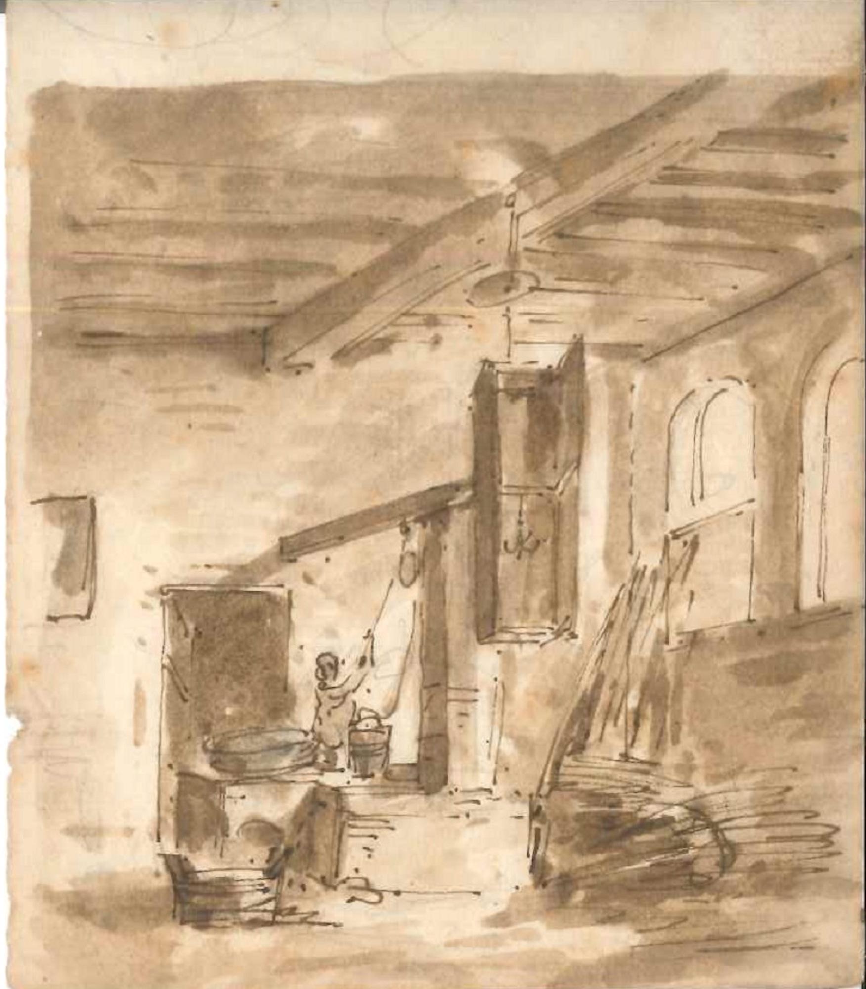 Thomas Stothard Figurative Art - Interior of a House - Original China Ink Drawing - Early 19th Century