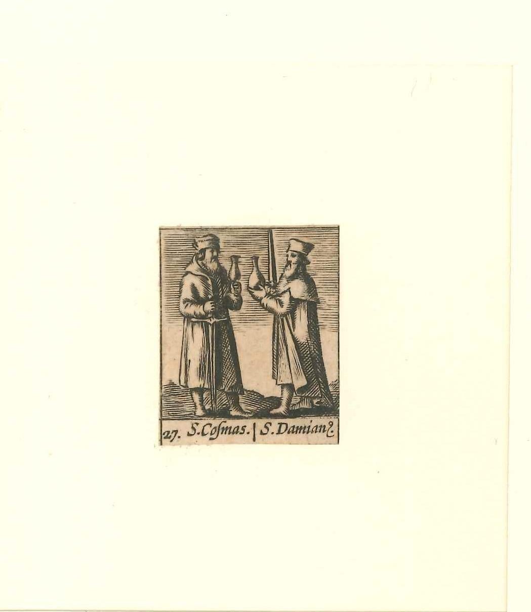 Les saints Cosma et Damien - gravure originale - 1640 - Print de Hieronymus Verdussen