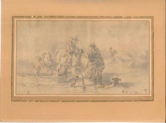 Paysage avec hommes et chevaux - Encre et aquarelle originales de Chine - Début 1800