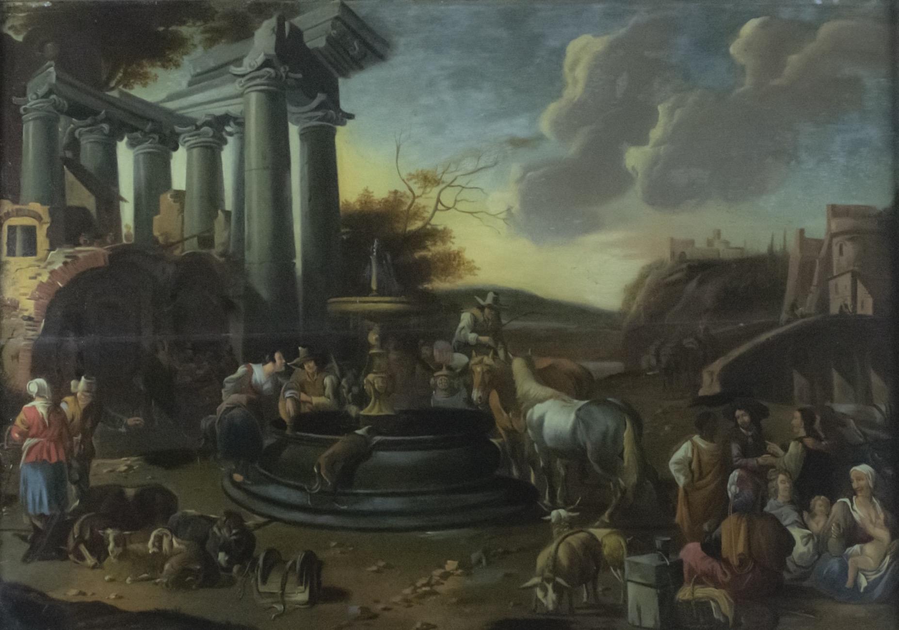 Dirk Helmbreker Figurative Painting - Roman Landscape with Figures -  Oil on Canvas attr. to D. Helmbreker