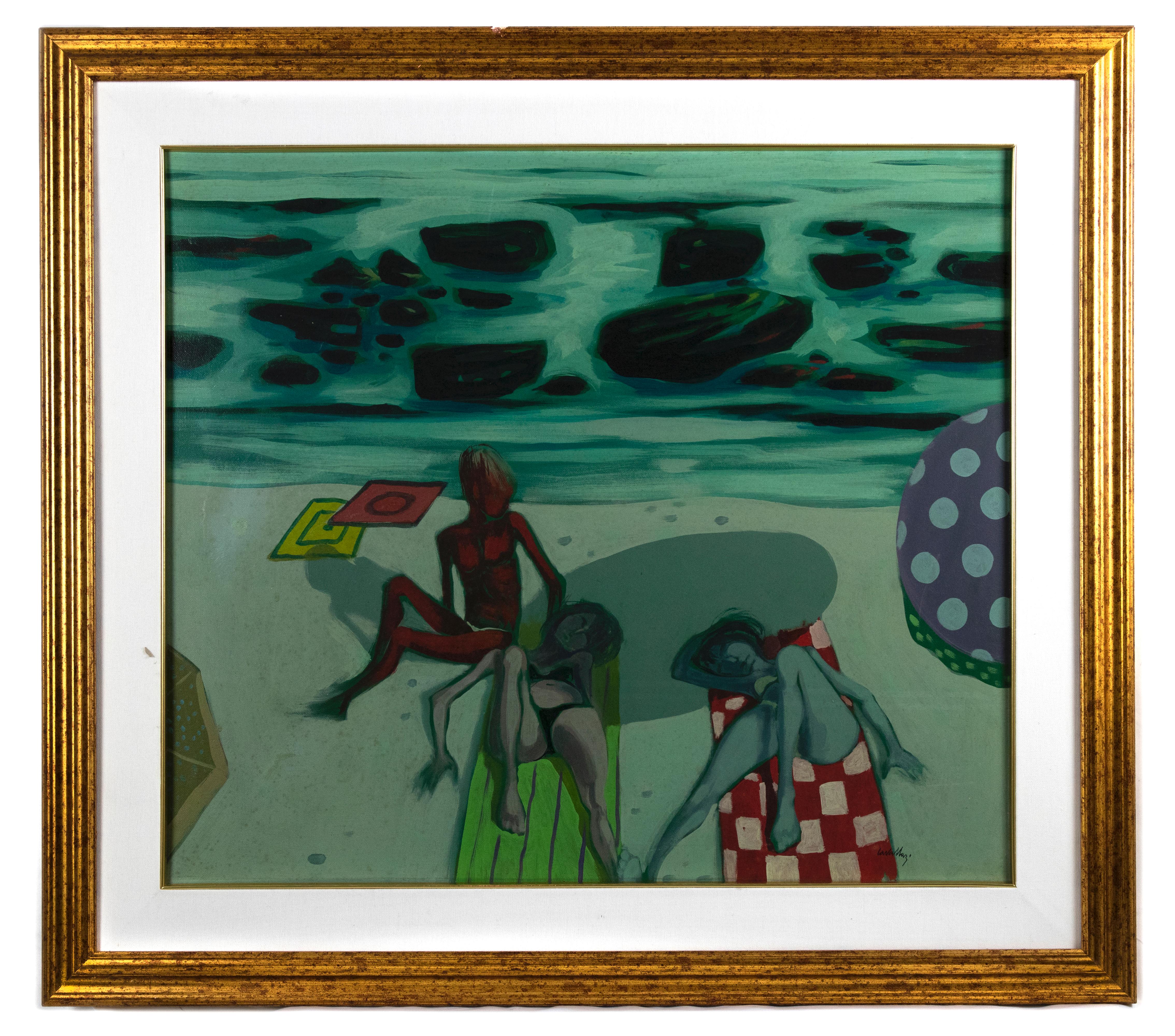 Figures sur la plage - Huile sur toile d'Alberto Cavallari - Années 1960