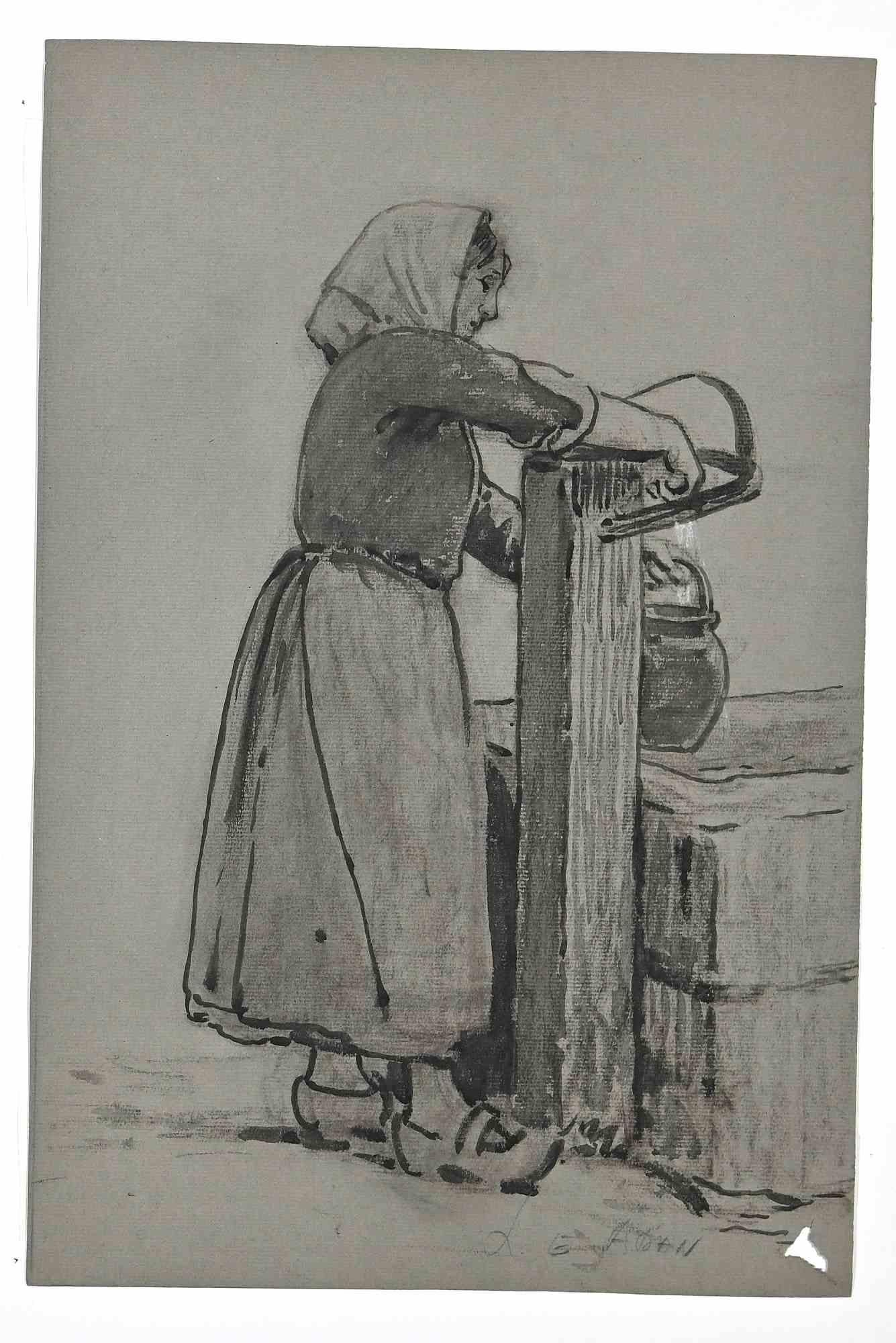 Woman - Original Drawing by L.E. Adan - Early 20th Century