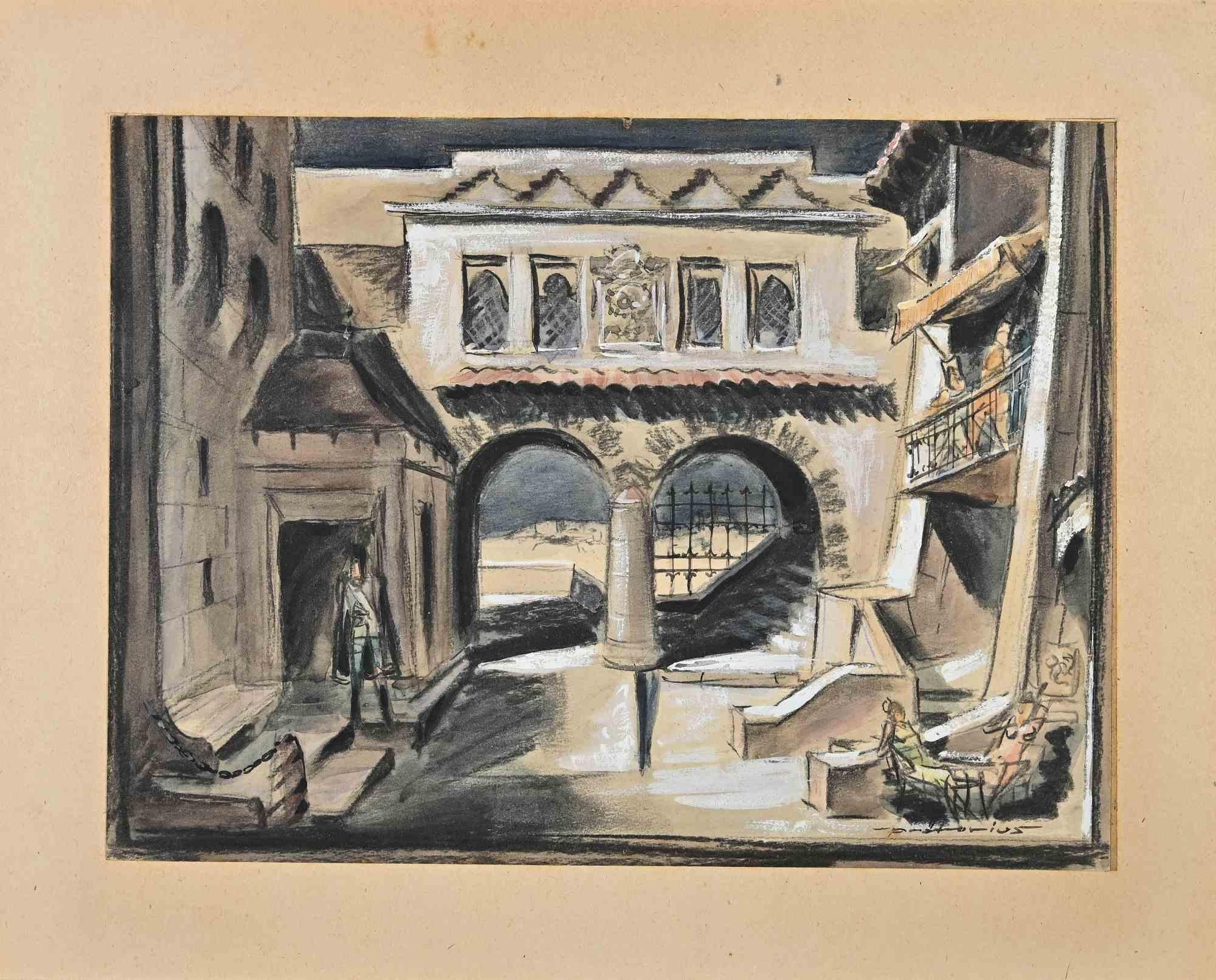 Interior is an Original drawing in ink, charcoal and watercolor realized in the late 19th Century by Ludwig Max Praetorius (1813-1887).

Good conditions.

The artwork is depicted through soft strokes in a well-balanced composition.