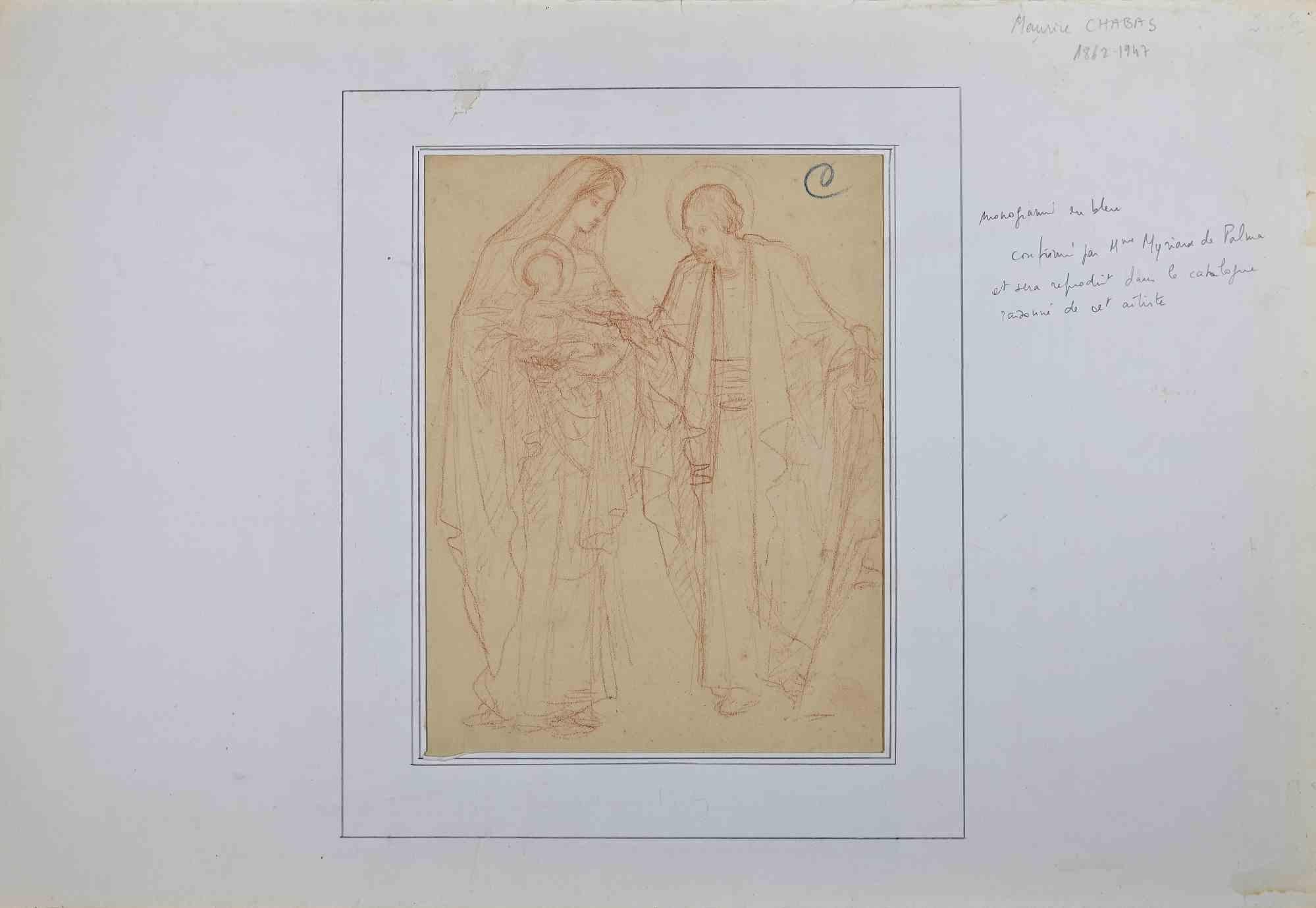 The Holy Family - Pencil Drawing By Maurice Chabas - Early 20th Century For Sale 1