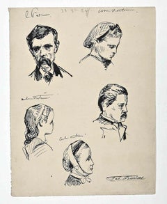 Retratos - Dibujo original de Félix Barrias - Finales del siglo XIX