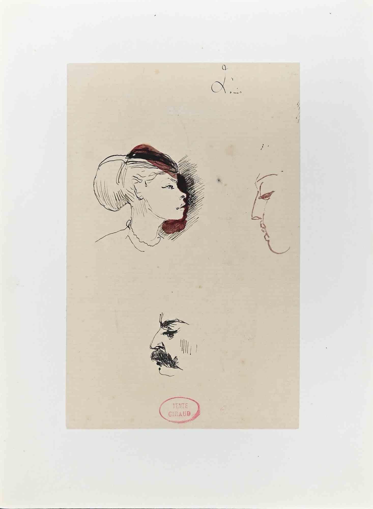Profile - Original Tusche und Aquarell von Eugène Giraud - Ende 19. Jahrhundert