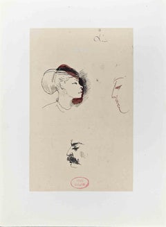 Profile - Original Tusche und Aquarell von Eugène Giraud - Ende 19. Jahrhundert