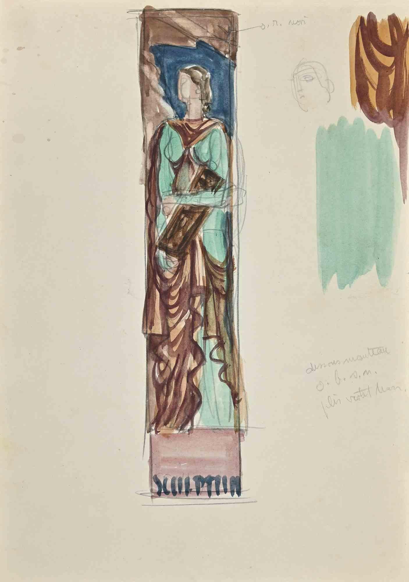 Die Göttin in Buntglas – Originalzeichnung von J. Boudal – frühes 20. Jahrhundert