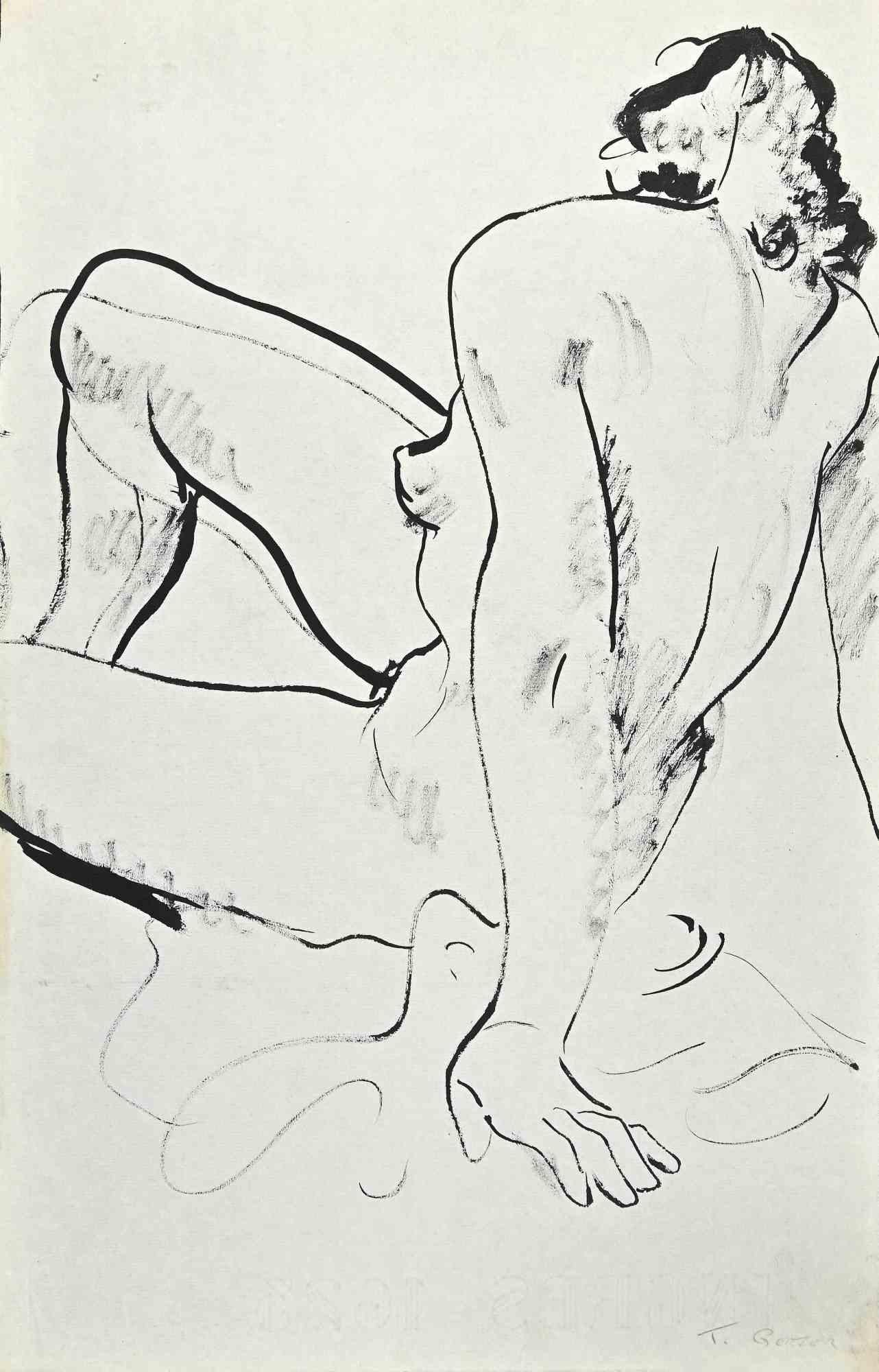 Nude est un dessin original au feutre sur papier couleur crème réalisé par Tibor Gertler au milieu du 20e siècle.

Signé à la main en bas à droite.

Bonnes conditions.I.I.

L'œuvre d'art est représentée par des traits habiles et fins, réalisés avec