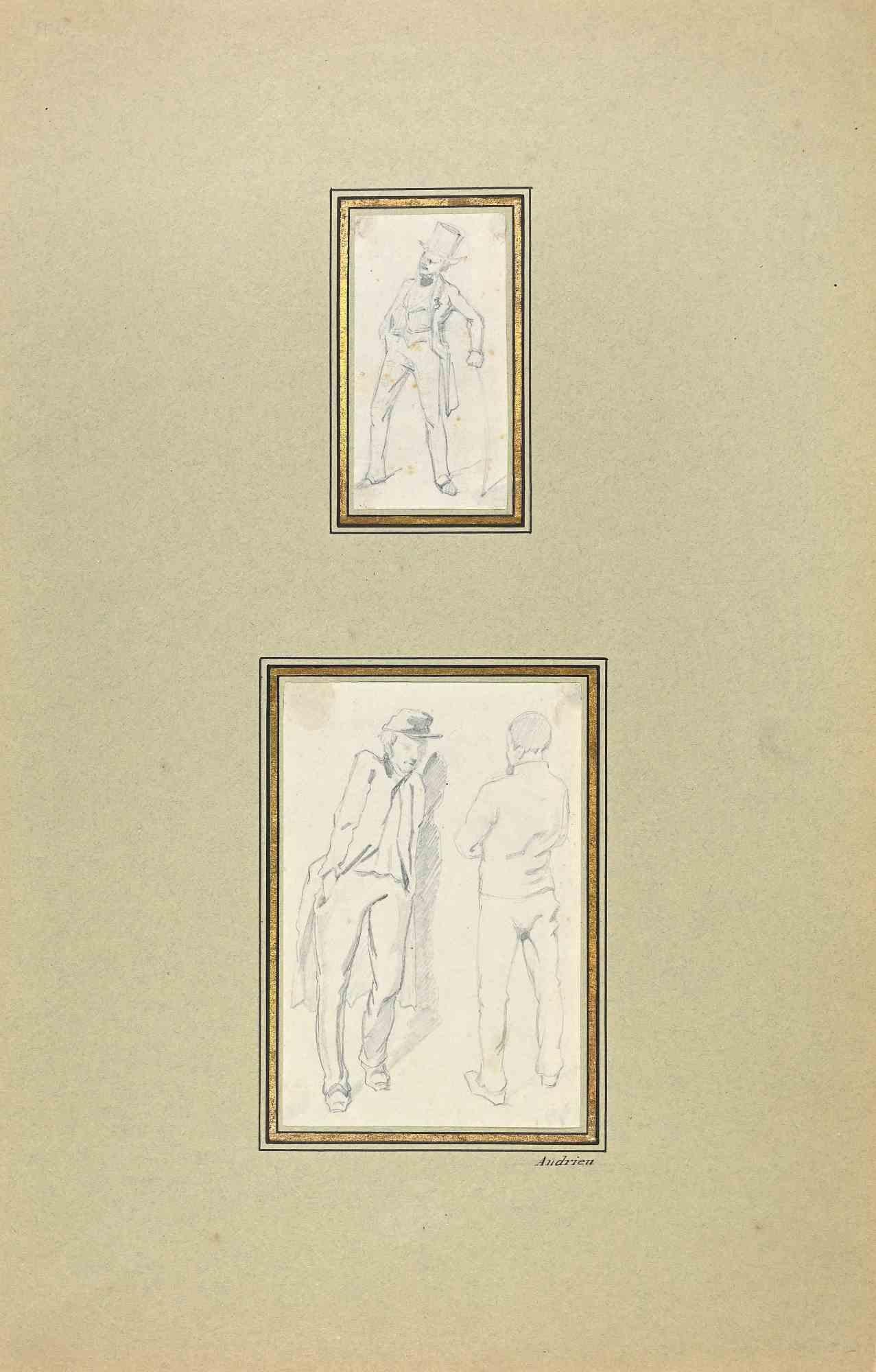 Figures est un dessin original au crayon réalisé par Pierre Andrieu (1821-1892).

Les deux petites œuvres d'art représentent des hommes élégants.

Bon état, y compris un carton vert clair.

Timbre signé.

Pierre Andrieu  (1821-1892) fut l'élève du