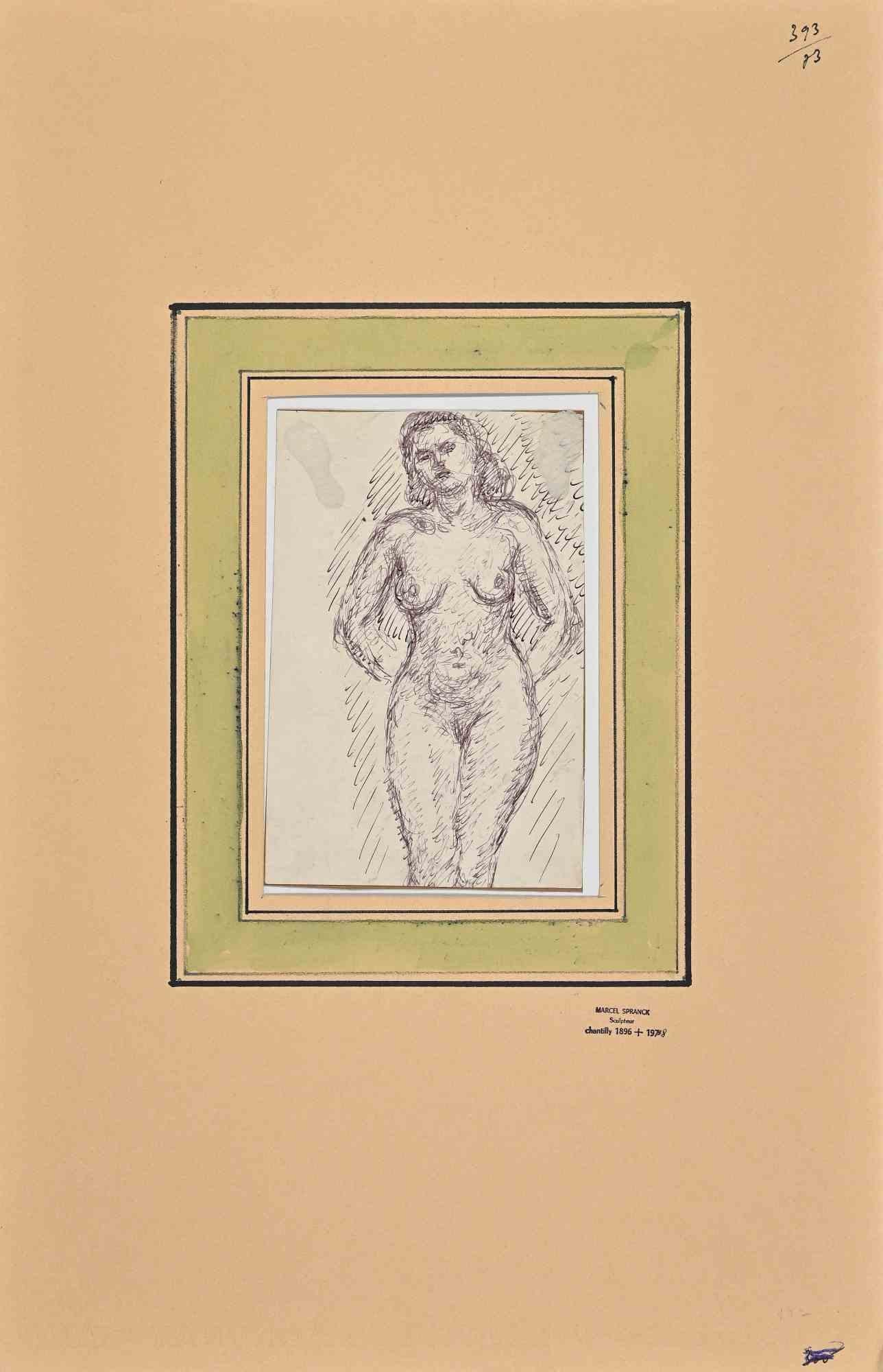 Nude of Woman - China Ink and Pencil by Marcel Spranck - Early 20th Century