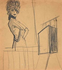  Original-Bleistiftzeichnung einer weiblichen Figur – Mitte des 20. Jahrhunderts