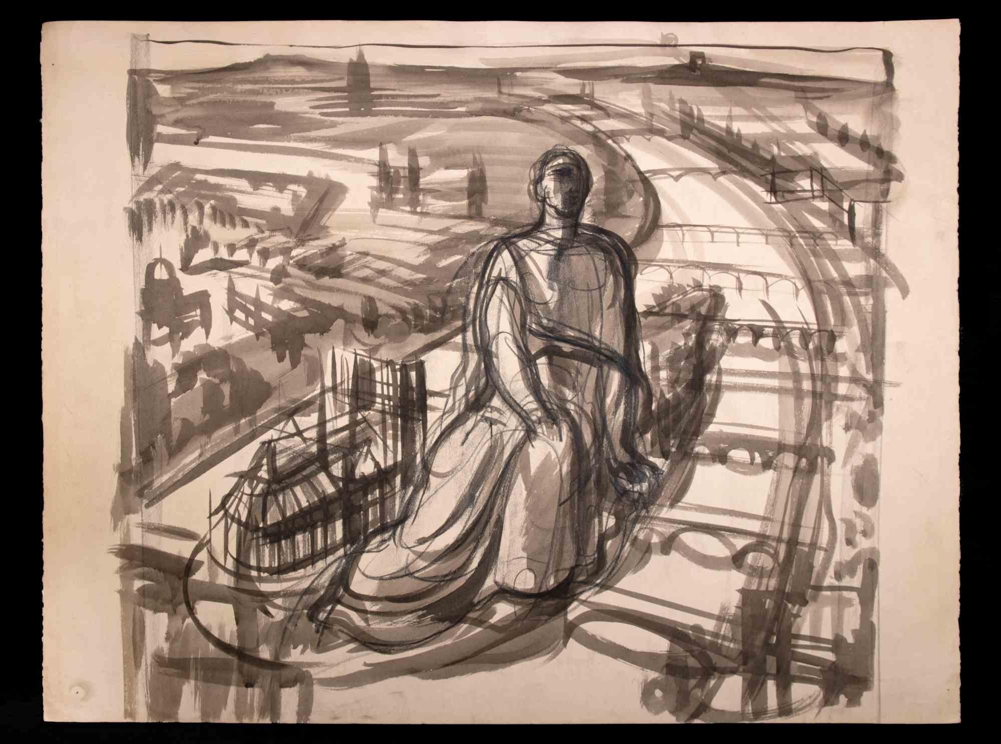 Stadtlandschaft mit Statue – Originalzeichnung – Mitte des 20. Jahrhunderts