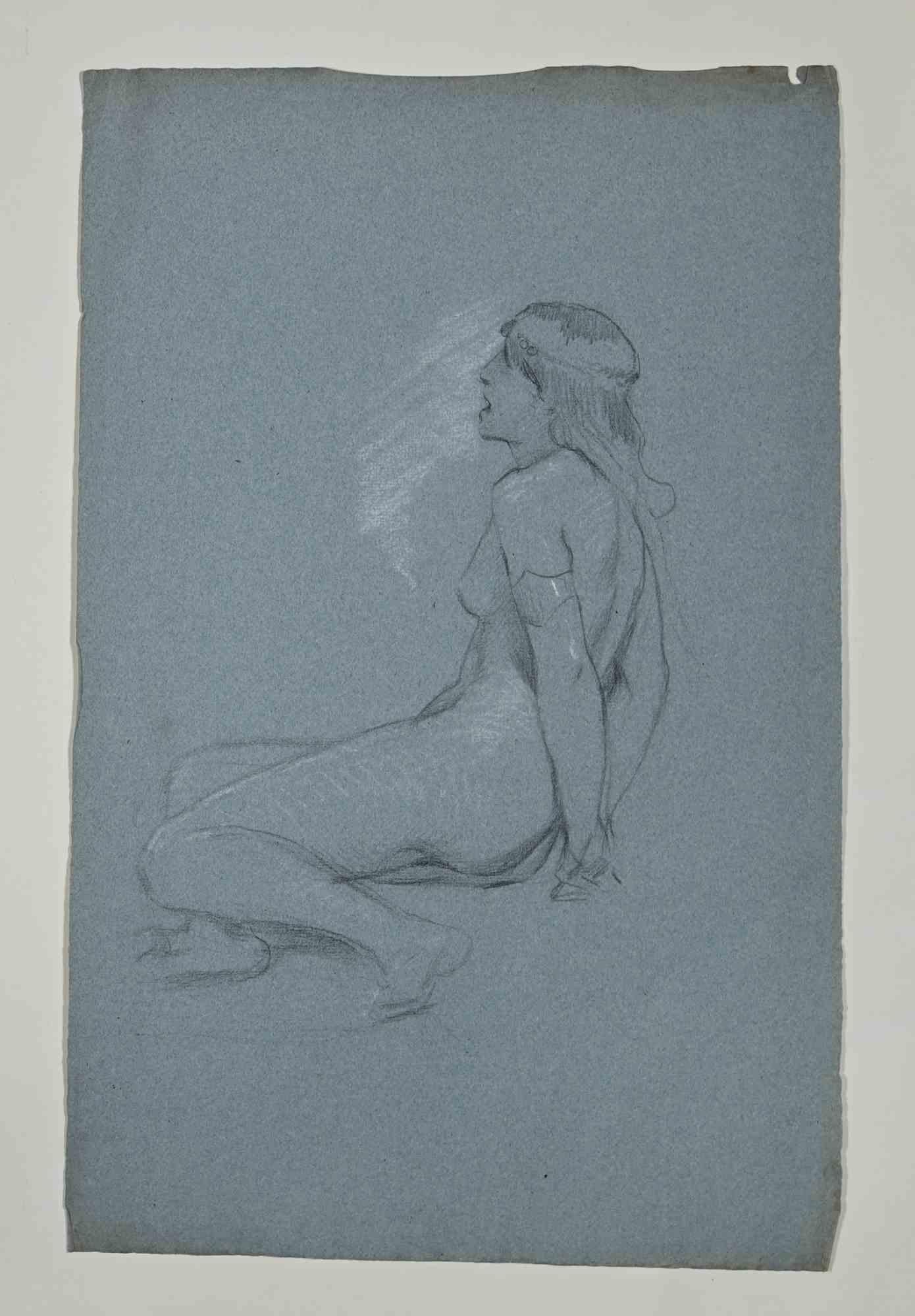 Akt einer Frau – Originalzeichnung von Alexandre Bida – Mitte des 19. Jahrhunderts