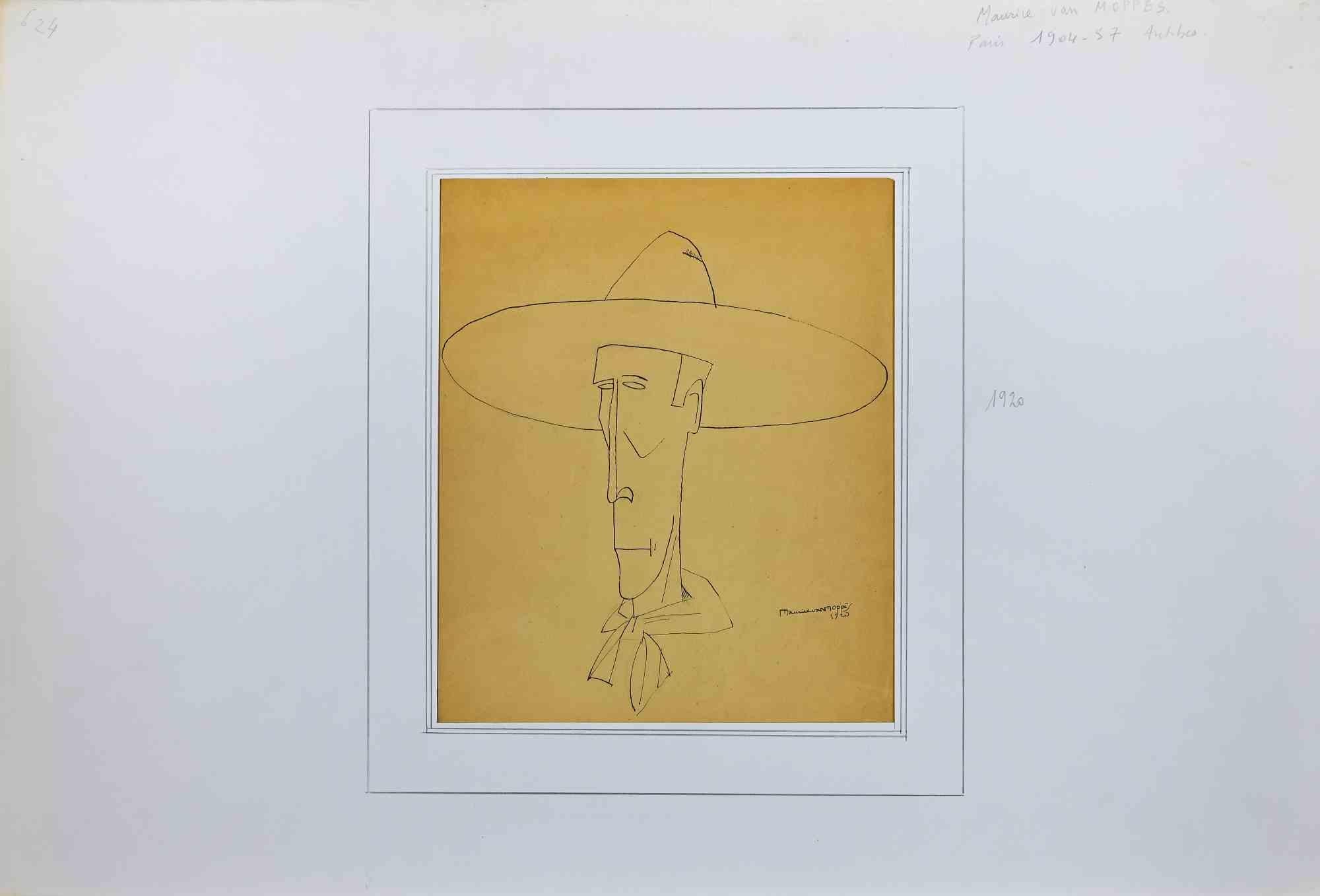 Rio-Jim is an Original China Ink and Pencil Drawing realized by Maurice Van Moppes in 1920.

Good condition on a yellowed paper, included a white cardboard passpartout (37x55 cm).

Hand-signed and dated by the artist on the lower right