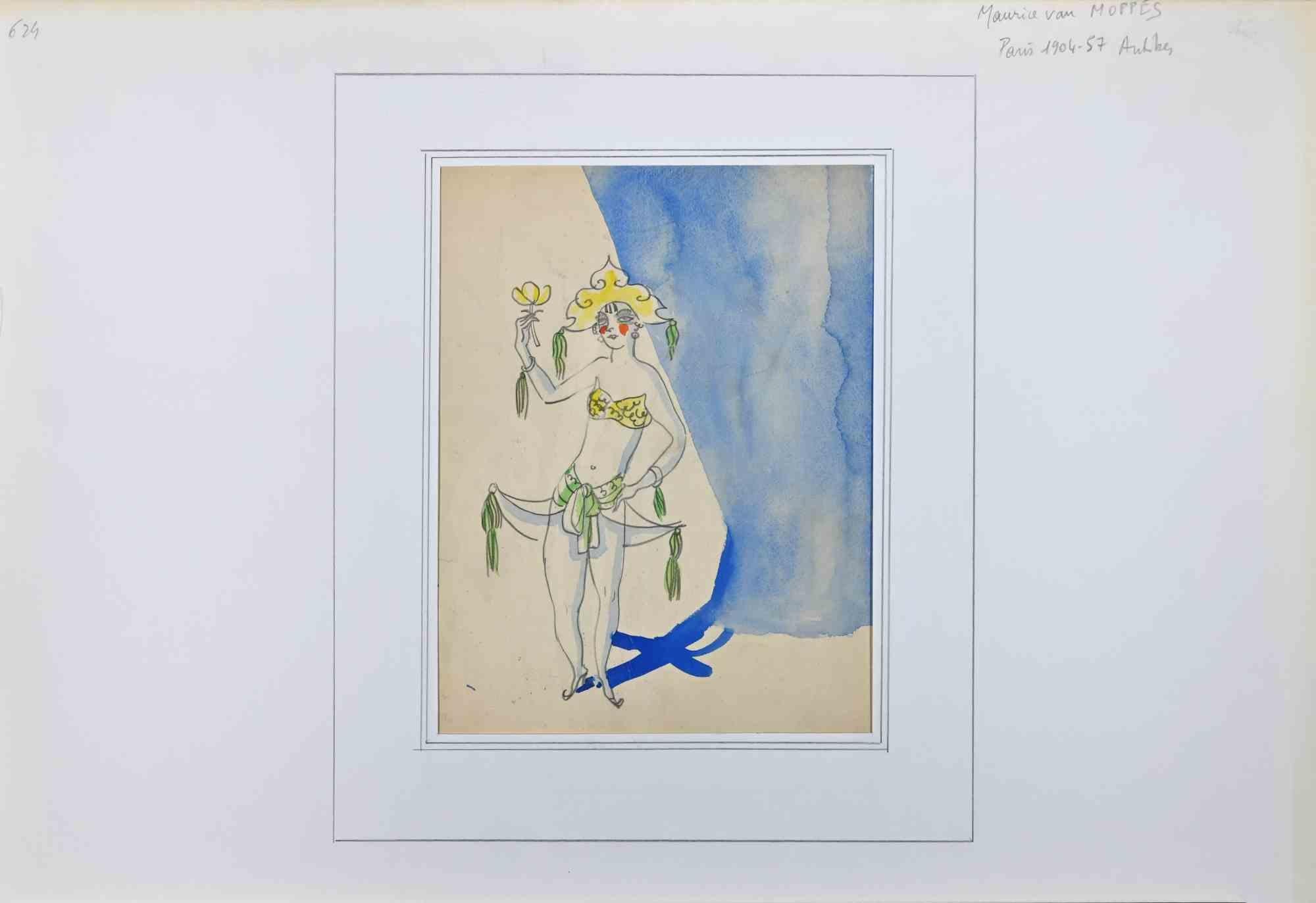 The Dancer is an Original Pencil Drawing and Watercolour realized by Maurice Van Moppes.

The artwork represents a young lady with her costume.

Good condition, included a white cardboard passpartout (37.5x55 cm).

No Signatur, other sketches on the