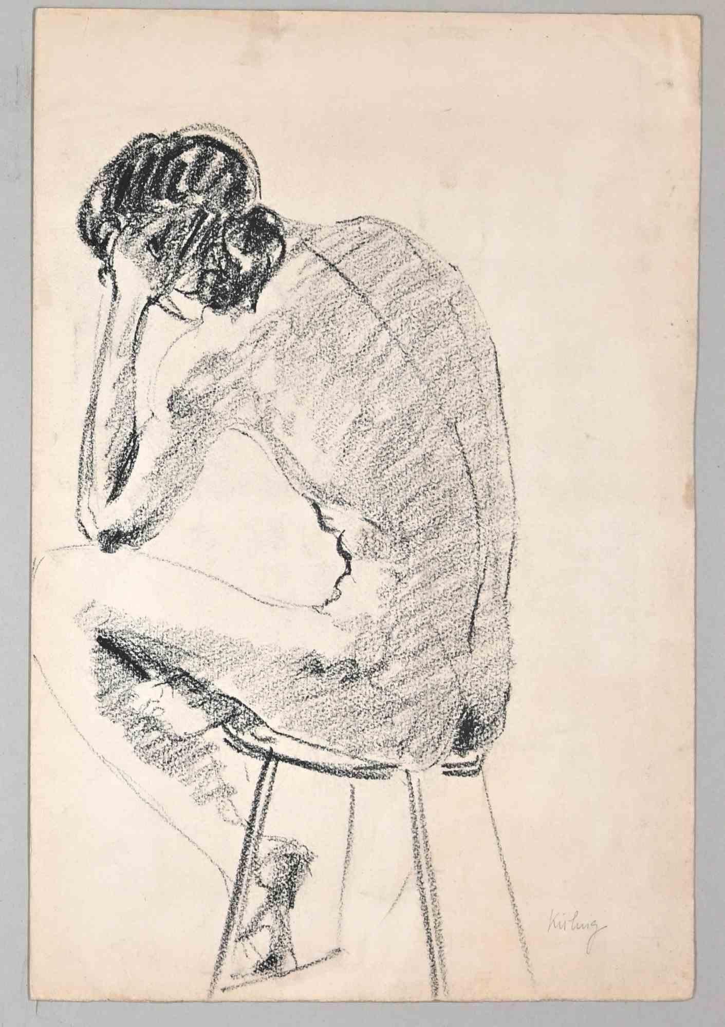 Seated Woman -  Drawing by Moise Kisling - 1930/40s