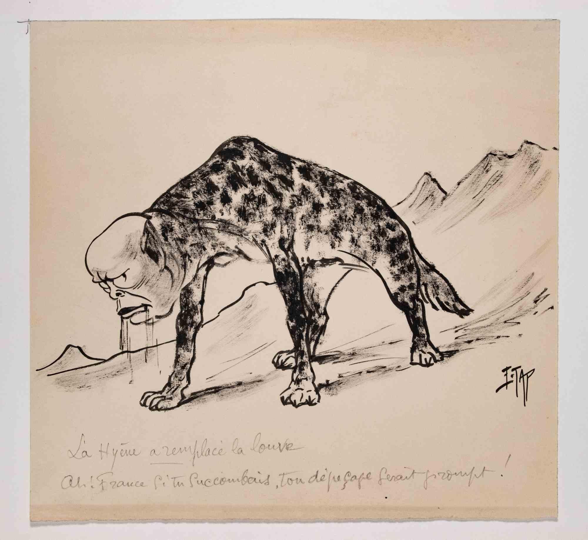 Edmond Tapissier Figurative Art – Die Hyena ist durch die She-Wolf-  Zeichnung von E. Tapissier – 1930er Jahre