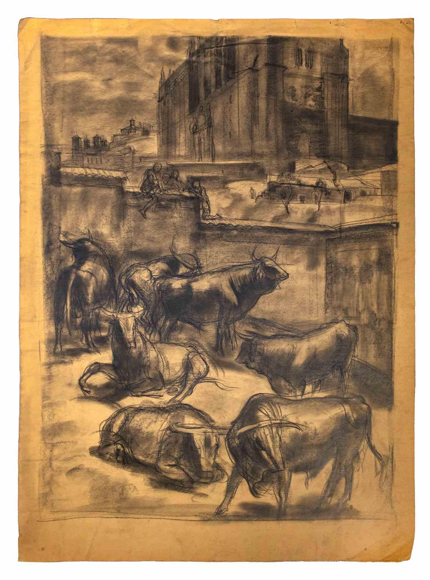 Unknown Figurative Art - Urban Landscape with Bulls - Original Drawing - Mid-20th Century