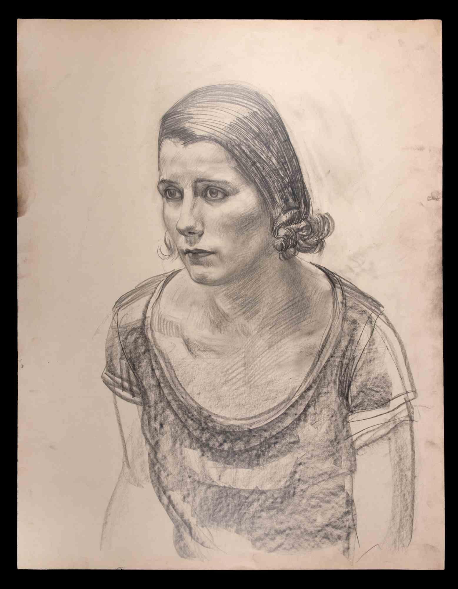 Portrait de femme - dessin original - milieu du 20e siècle