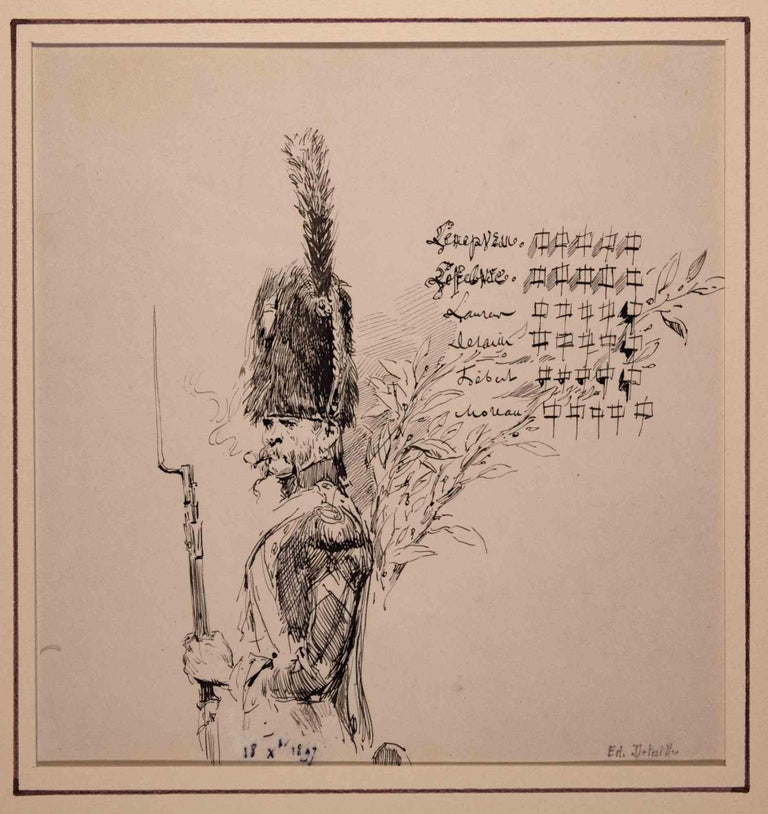 Hussar of the Imperial Guard is an original drawing, pen and ink on paper, realized by the French  artist Edouard Detaille (1848-1912)

Hand signed on the lower right and dated 1897. Passpartout cm 65x50.

In the foreground the Imperial Guard