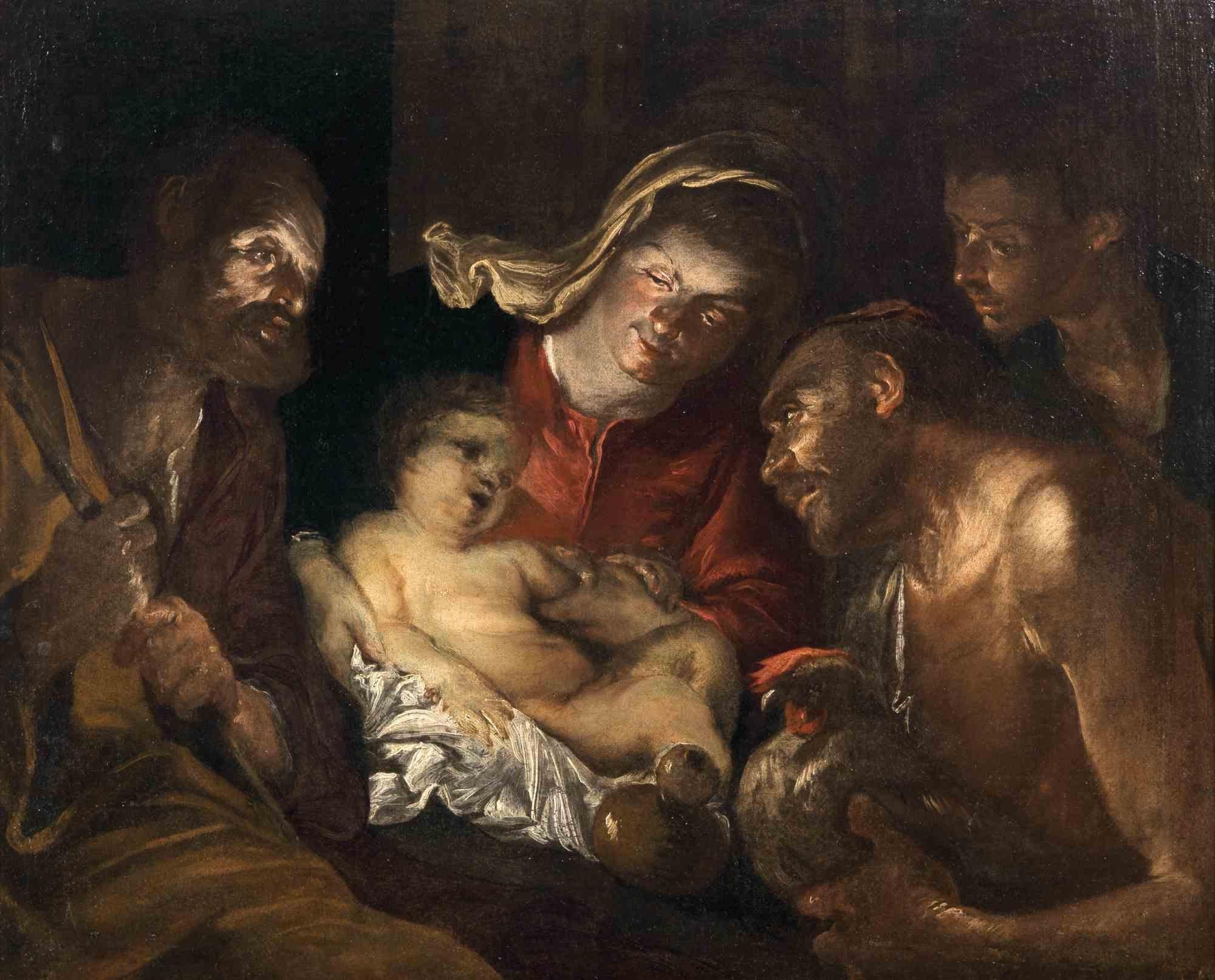 Die Anbetung ist ein originelles modernes Kunstwerk, das von Giuseppe Assereto (gestorben 1650 in Genua) in der ersten Hälfte des 17. Jahrhunderts geschaffen wurde. 

Original Ölgemälde auf Leinwand.

Ein vergoldeter Holzrahmen im Stil des 19.