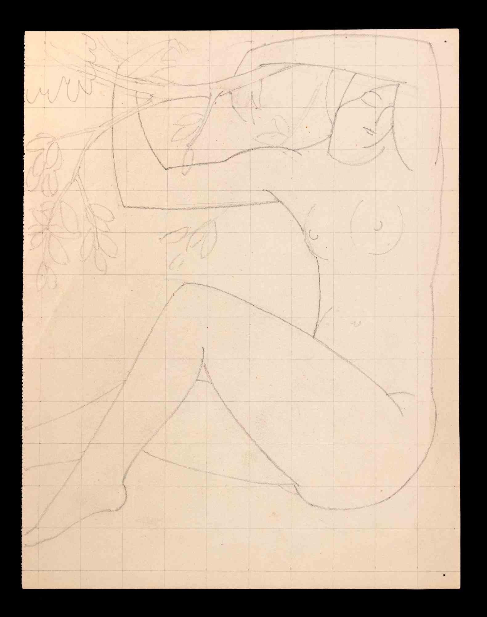 Georges-Henri Tribout Nude - Woman Sitting under a Tree - Original Drawing by George-Henri Tribout - 1940