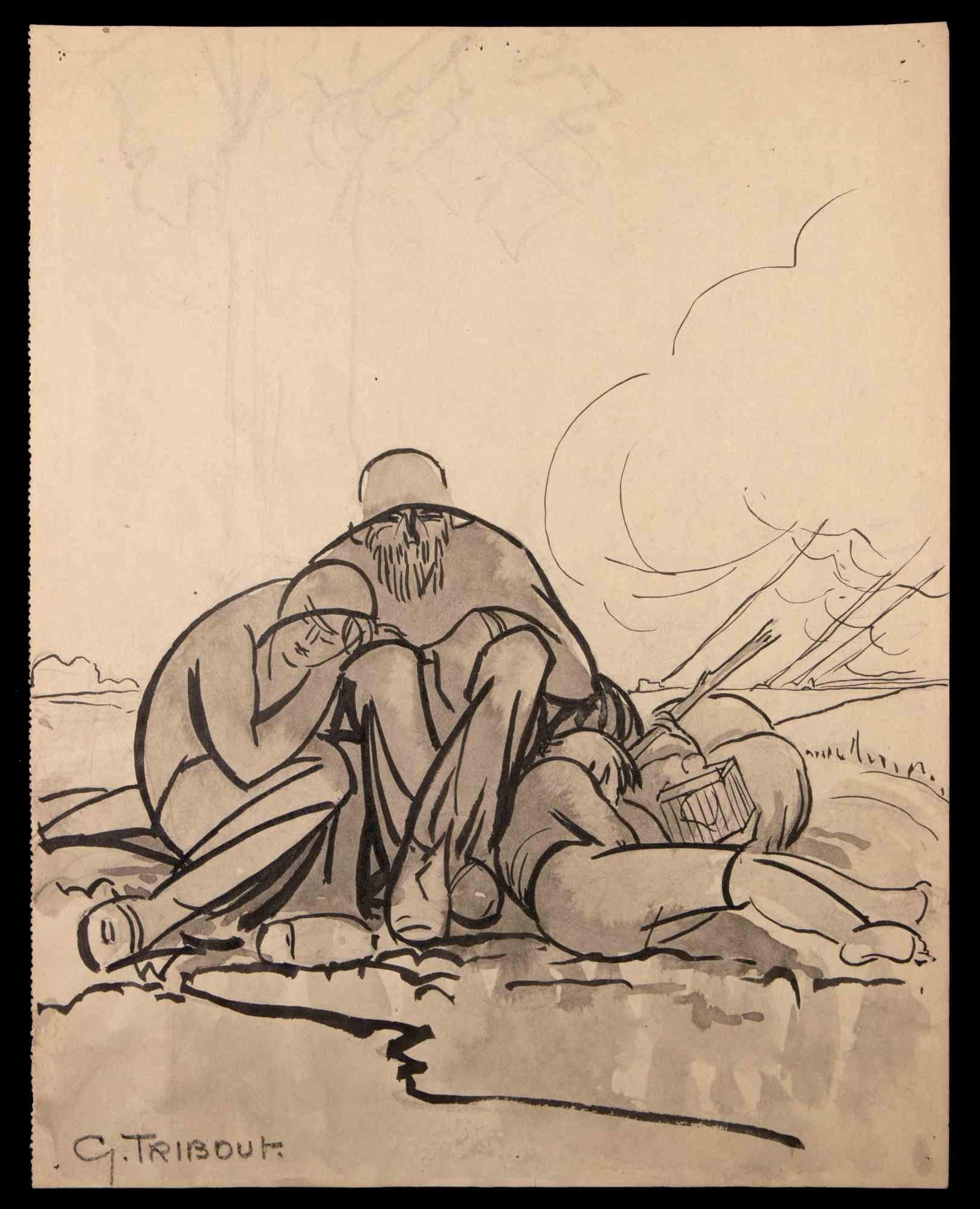 Georges-Henri Tribout Landscape Art - The Family - Original Drawing by George-Henri Tribout - 1940
