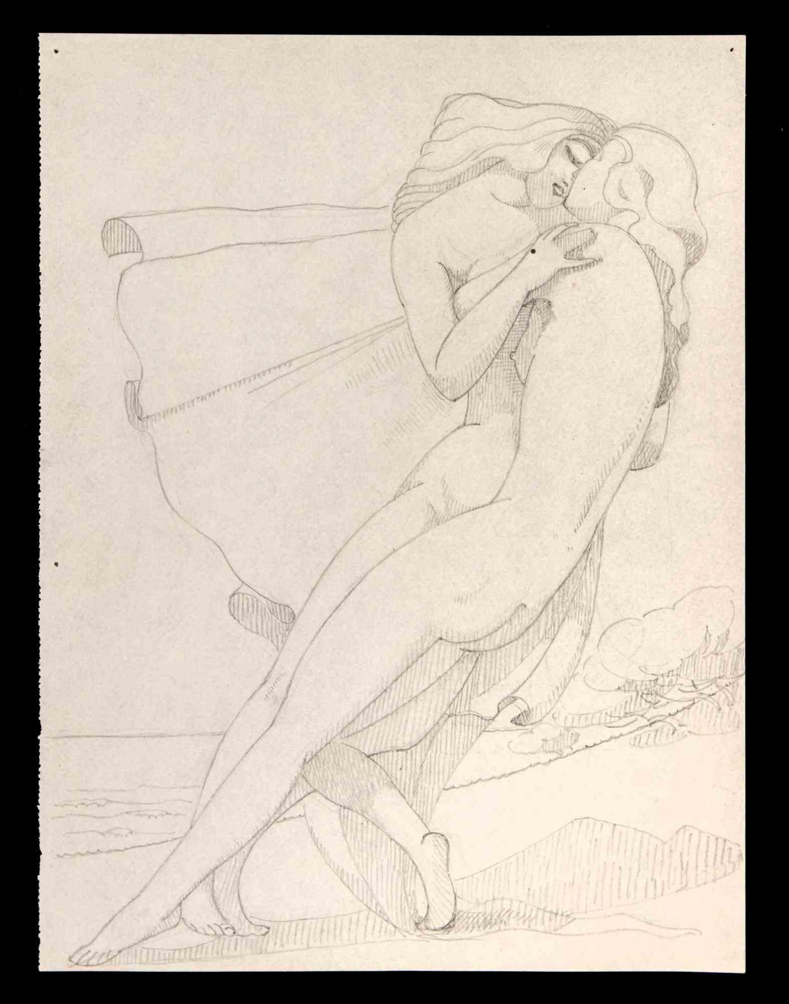 Georges-Henri Tribout Figurative Art - Young Lovers - Original Drawing by George-Henri Tribout - 1940